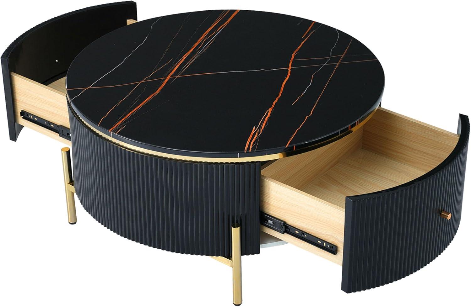 Black Round Coffee Table with Gold Legs and Storage Drawers