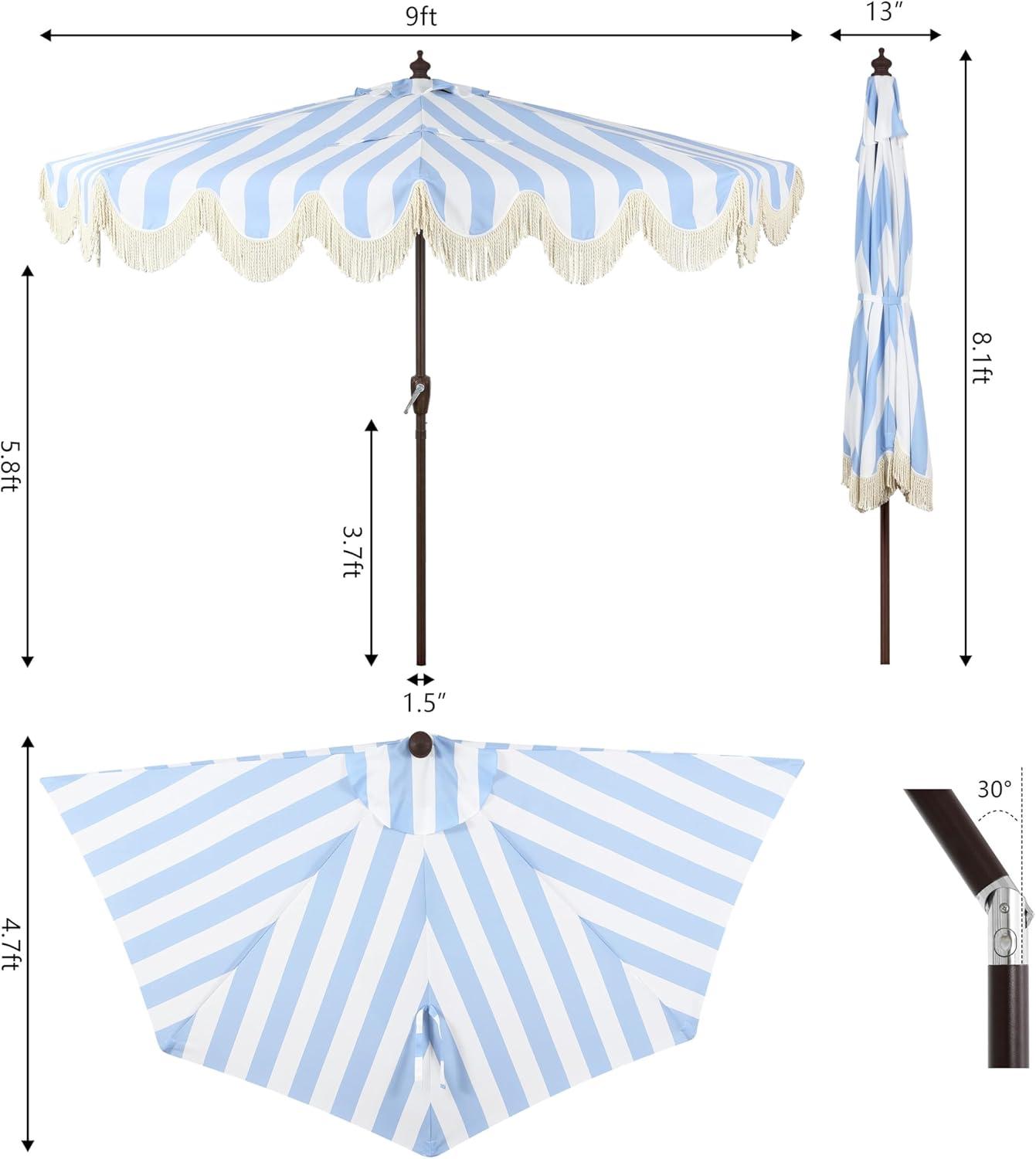 JONATHAN Y Beverly 9 ft. Designer Classic Scalloped Fringe Half Market Patio Umbrella w/ Crank, Push Button Tilt and UV Protection in Light Blue/White