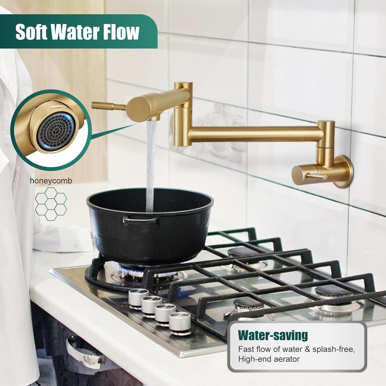 Brushed Gold Stainless Steel Wall Mount Pot Filler Faucet