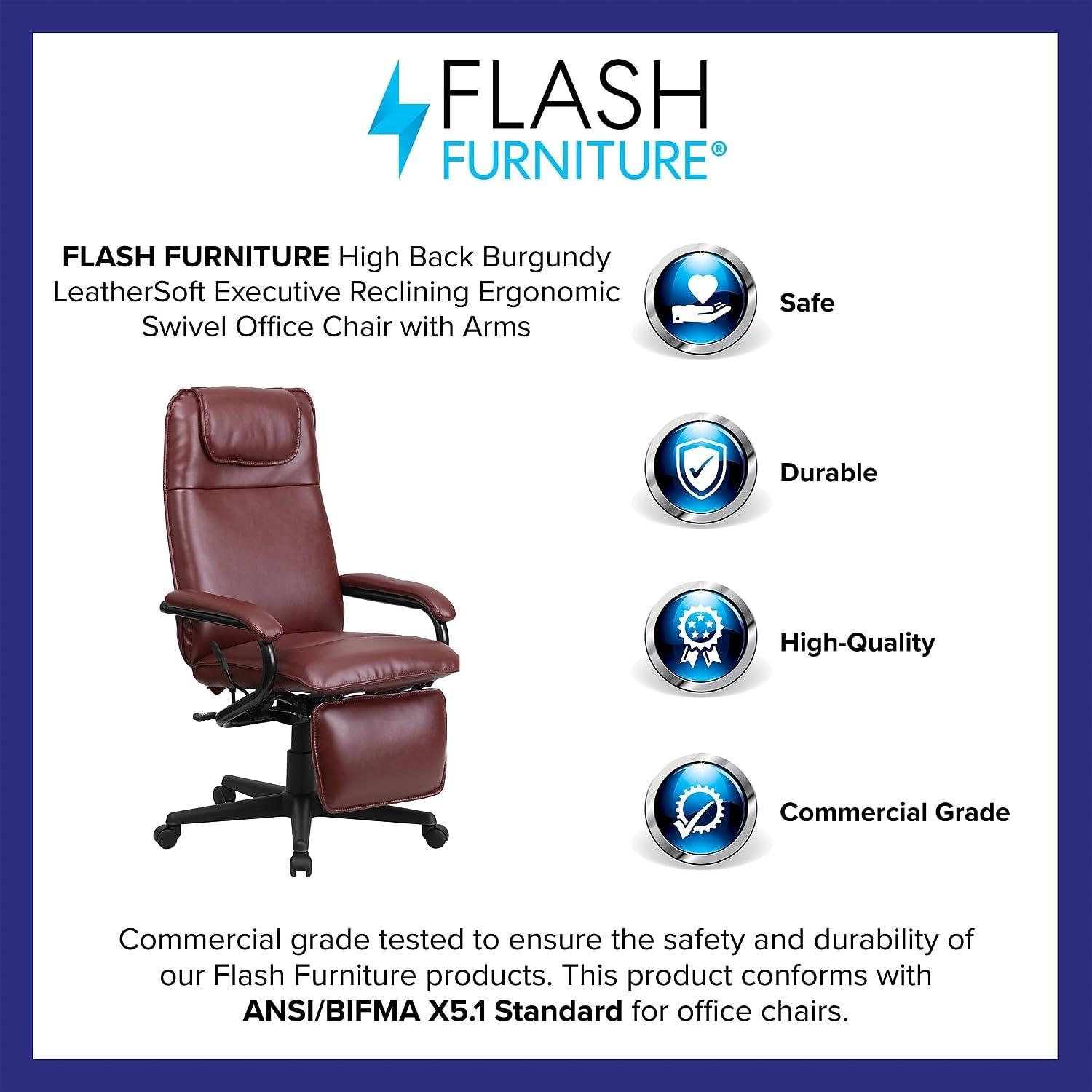 Flash Furniture High Back LeatherSoft Executive Reclining Ergonomic Swivel Office Chair with Arms