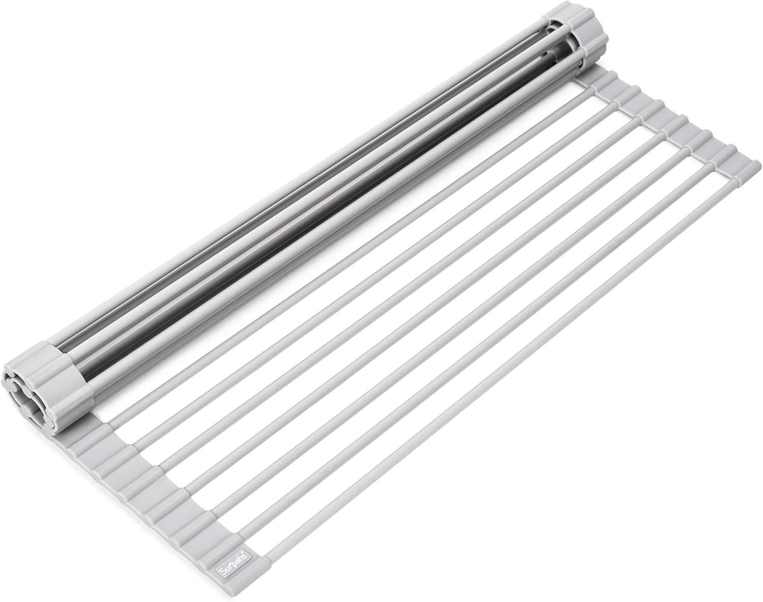 Warm Gray Silicone Wrapped Stainless Steel Roll-Up Dish Drying Rack