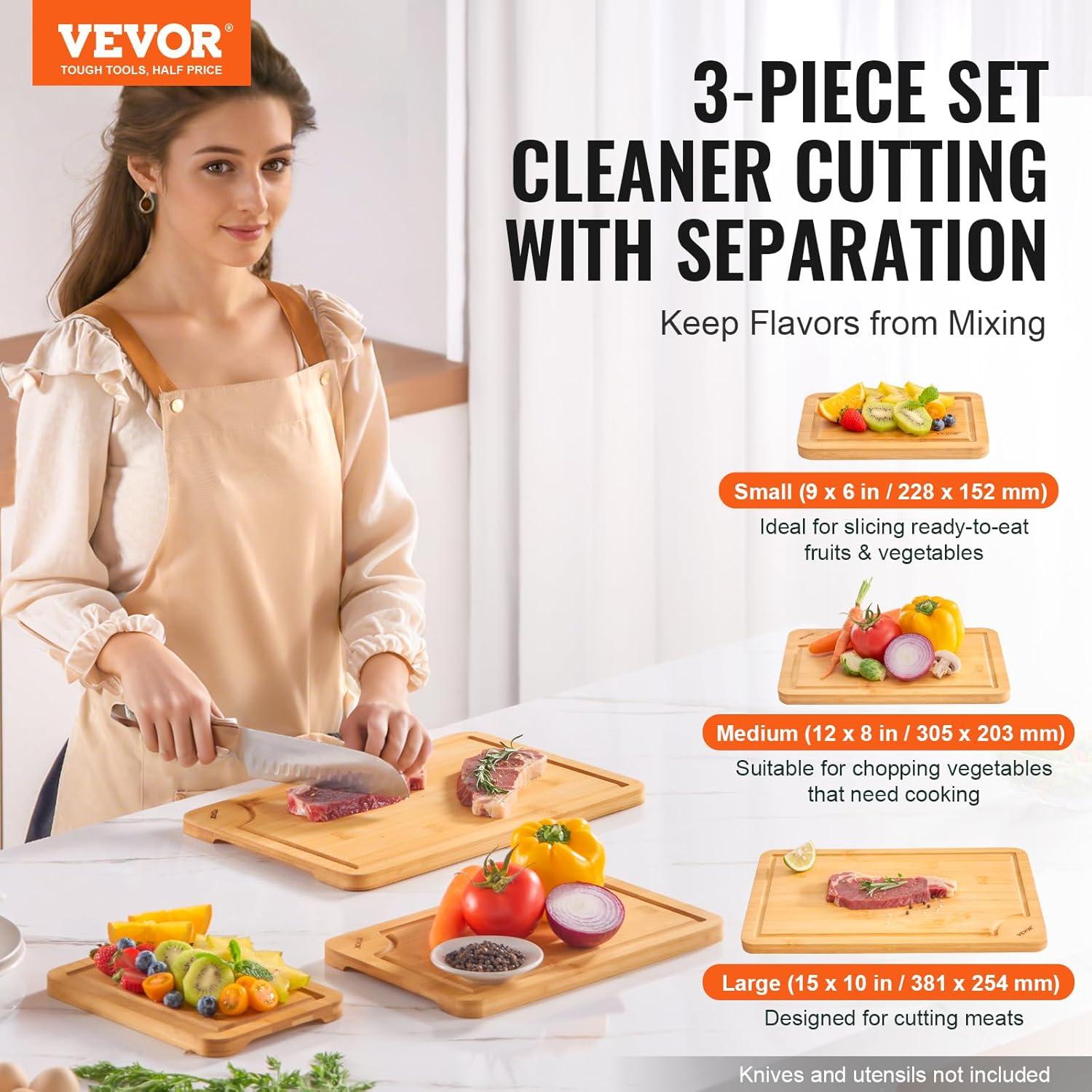 VEVOR Cutting Board 3 Pieces, Premium Versatile Bamboo Cutting Board, Food-Grade Oil and Juice Groove,Sturdy Durable Chopping Board, Built-in Handle, Wooden Cutting Board for Display Chopping Serving