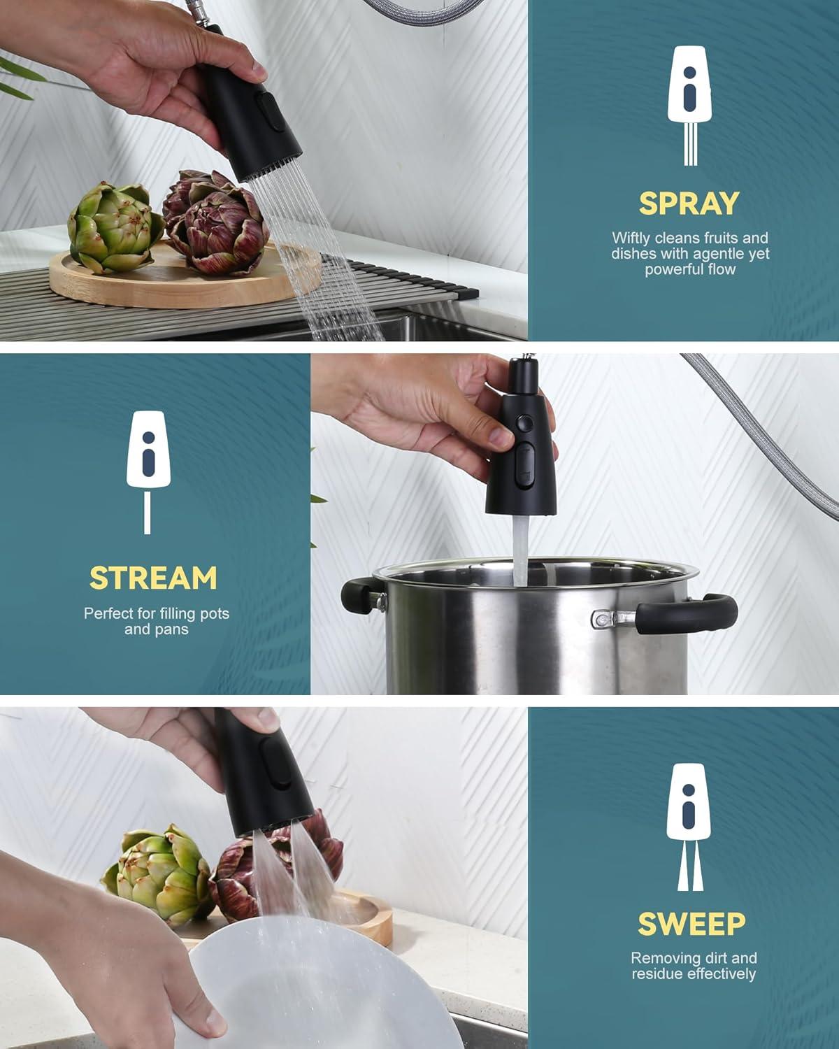 WOWOW Kitchen Faucet with Sprayer, Kitchen Sink Faucet, SUS 304 Stainless Steel, High Arc Single Handle Brushed Nickel Kitchen Faucets with Pull Down Sprayer, Pull Out Kitchen Faucet with Deck Plate