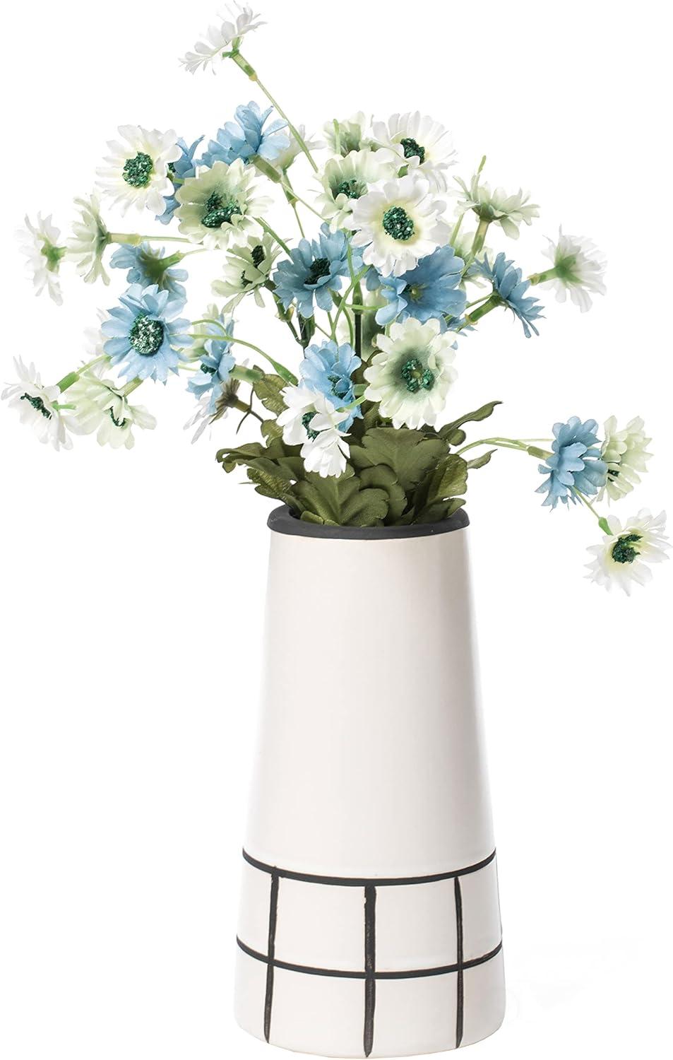 Fabulaxe QI004059.M 3.75 x 7 in. Cylindrical Ceramic Modern Painted Grid Tapered Flower Table Vase, Black & White