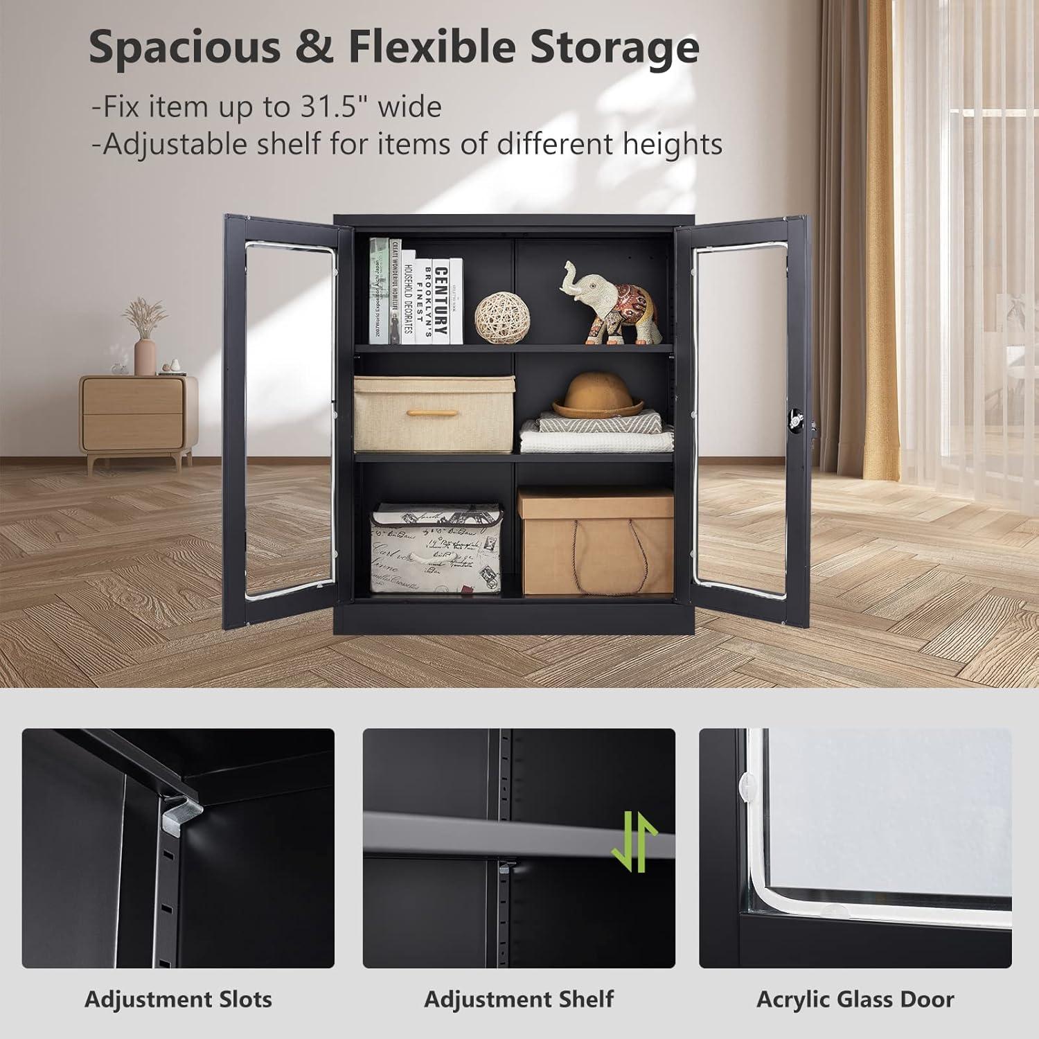 Drevy Metal Storage Cabinet with Doors and Shelves,Glass Cabinet Display Cabinet with Glass Doors,Office Cabinet with Storage Shelves and Double Doors, for Garage and Utility Room, Home Office