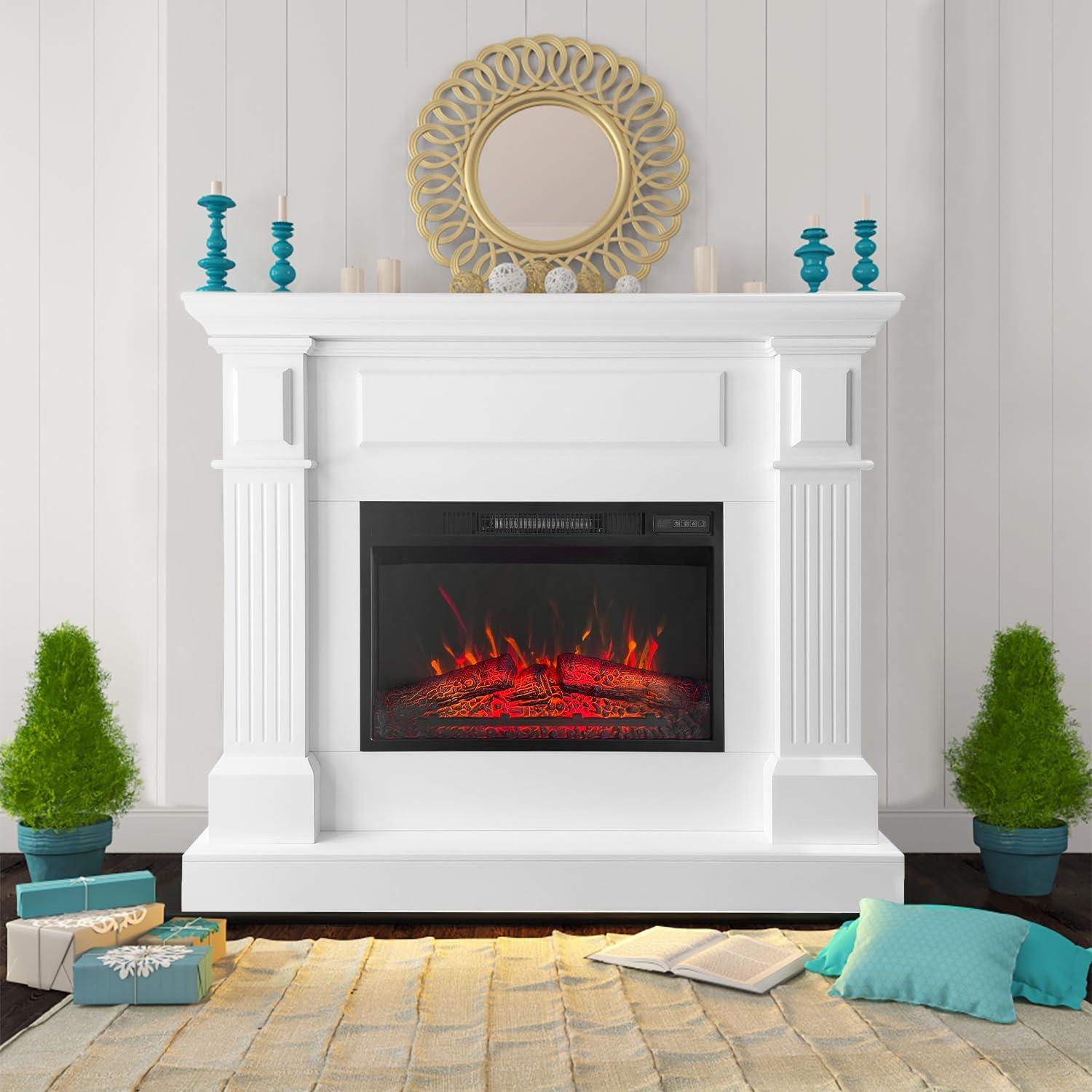 43" White Electric Fireplace with Mantel and LED Flame