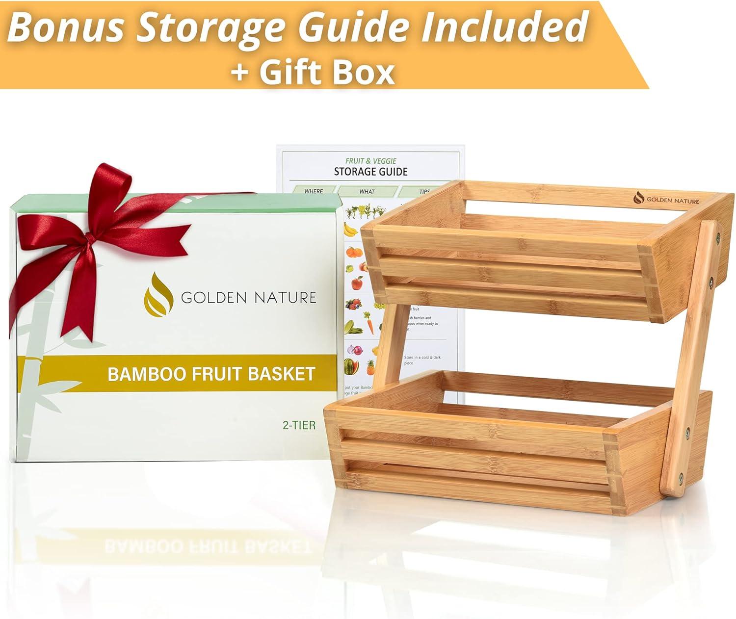 Bamboo Basket for Kitchen Counter Fruit & Vegetable Storage, Two Tier Wooden Fruit Bowl by Golden Nature