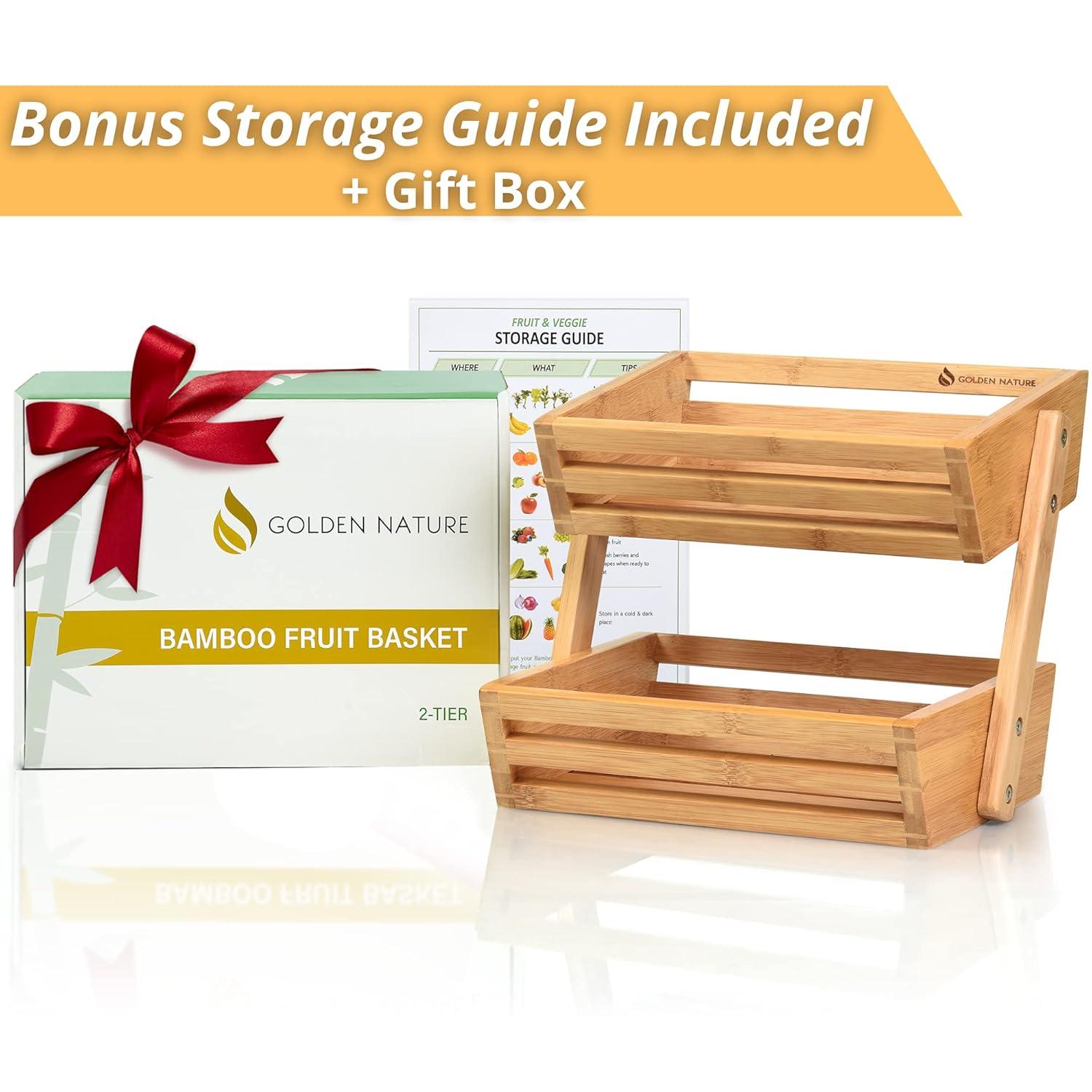Bamboo Basket for Kitchen Counter Fruit & Vegetable Storage, Two Tier Wooden Fruit Bowl by Golden Nature
