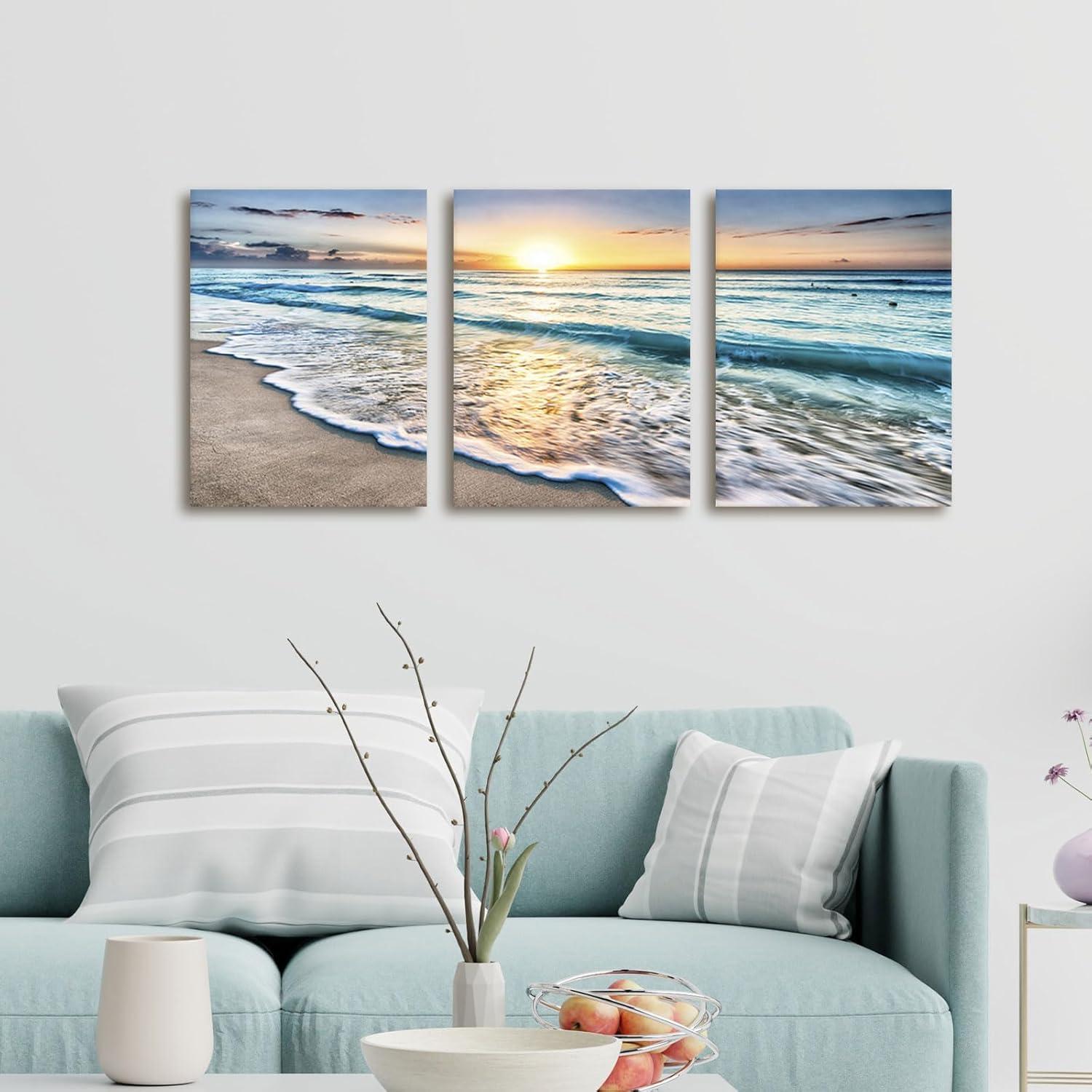 Asdg12s-3 Panel Wall Art Blue Sea Sunset White Beach Painting The Picture Print On Canvas Seascape The Pictures for Home Decor Decoration,Ready to Hang