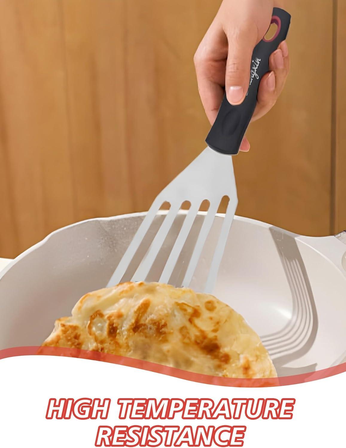 Fish Spatula Turner Set of 2, Heat Resistant Silicone Edge Slotted Fish Spatulas for Nonstick Cookware, Flexible and Thin Stainless Steel Kitchen Cooking Spatula Flipper for Fish, Egg, Pancake