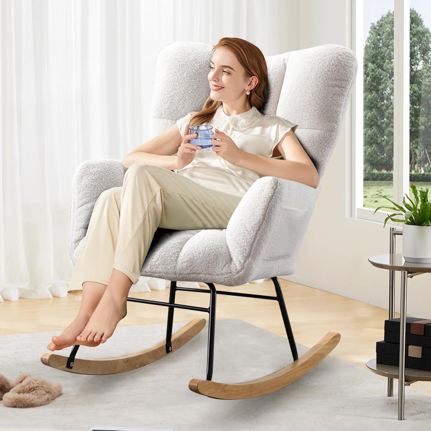 Nursery Rocking Chair Teddy, Upholstered Glider Rocker with High Backrest, Comfortable Stylish Accent Armchair with Padded Seat for Living Rooms, Bedrooms, Offices