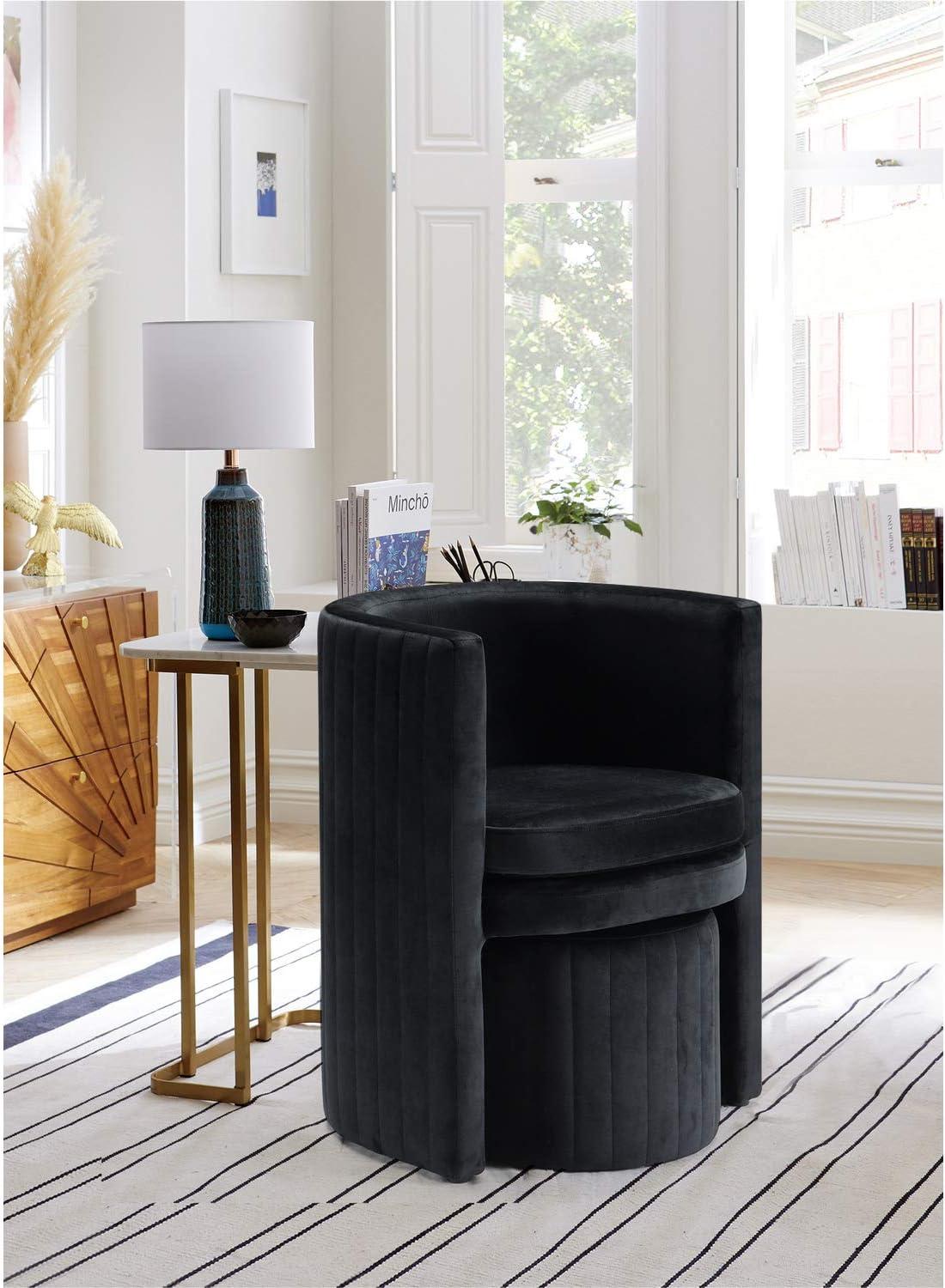 Selena Contemporary Black Velvet Barrel Chair and Ottoman Set