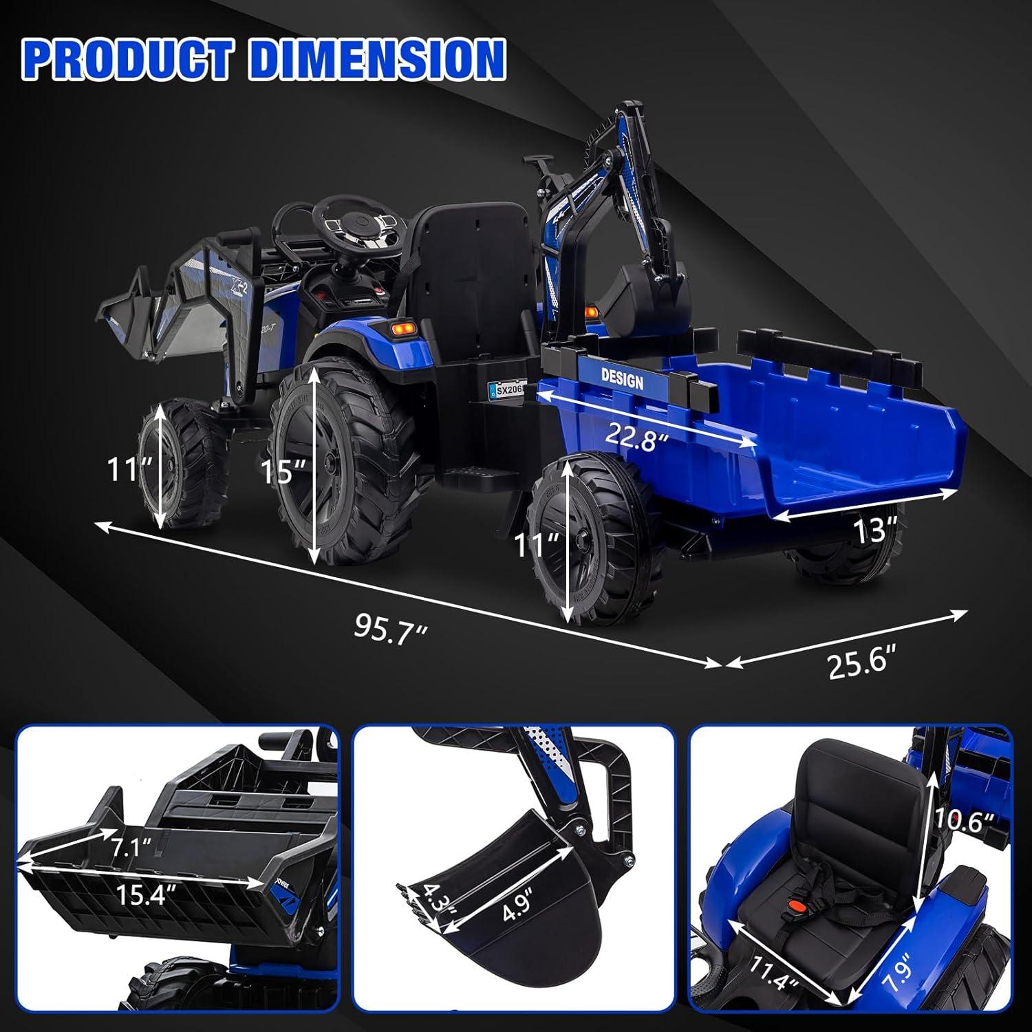 Juiluna 3 in 1 Ride on Tractor, Excavator & Bulldozer, 24V Electric Vehicle w/Trailer, Shovel Bucket, Digger, Remote Control, EVA Tire, LED Light, Music, USB & Blue tooth, Kids Ride on Car,