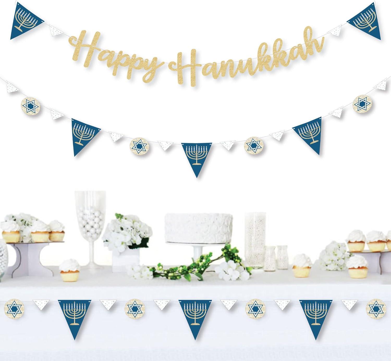 Big Dot of Happiness Happy Hanukkah - Chanukah Letter Banner Decoration - 36 Banner Cutouts & No-Mess Real Gold Glitter Happy Hanukkah Banner Letters