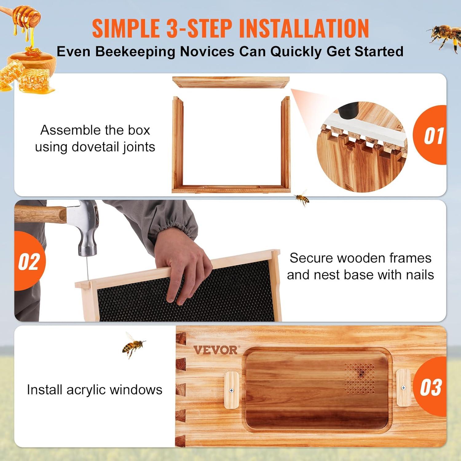 VEVOR Bee Hive Deep Box Starter Kit, 100% Beeswax Coated Natural Cedar Wood, Langstroth Beehive Kit with 10 Frames and Foundations, Transparent Acrylic Bee Windows for Beginners and Pro Beekeepers