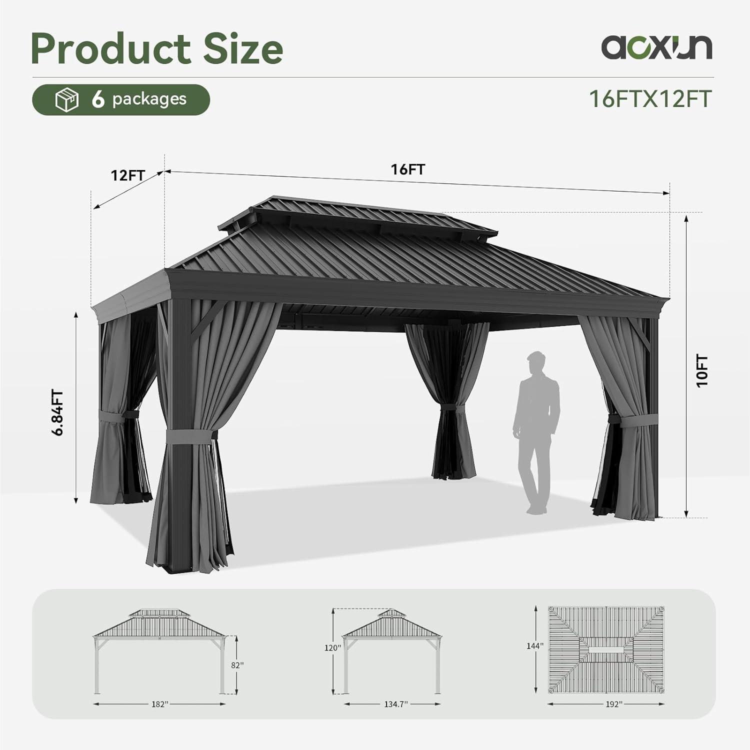 Kozyard Kozyard Alexander Gray Double Roof Hardtop Gazebo with Privacy Curtain Mosquito Netting