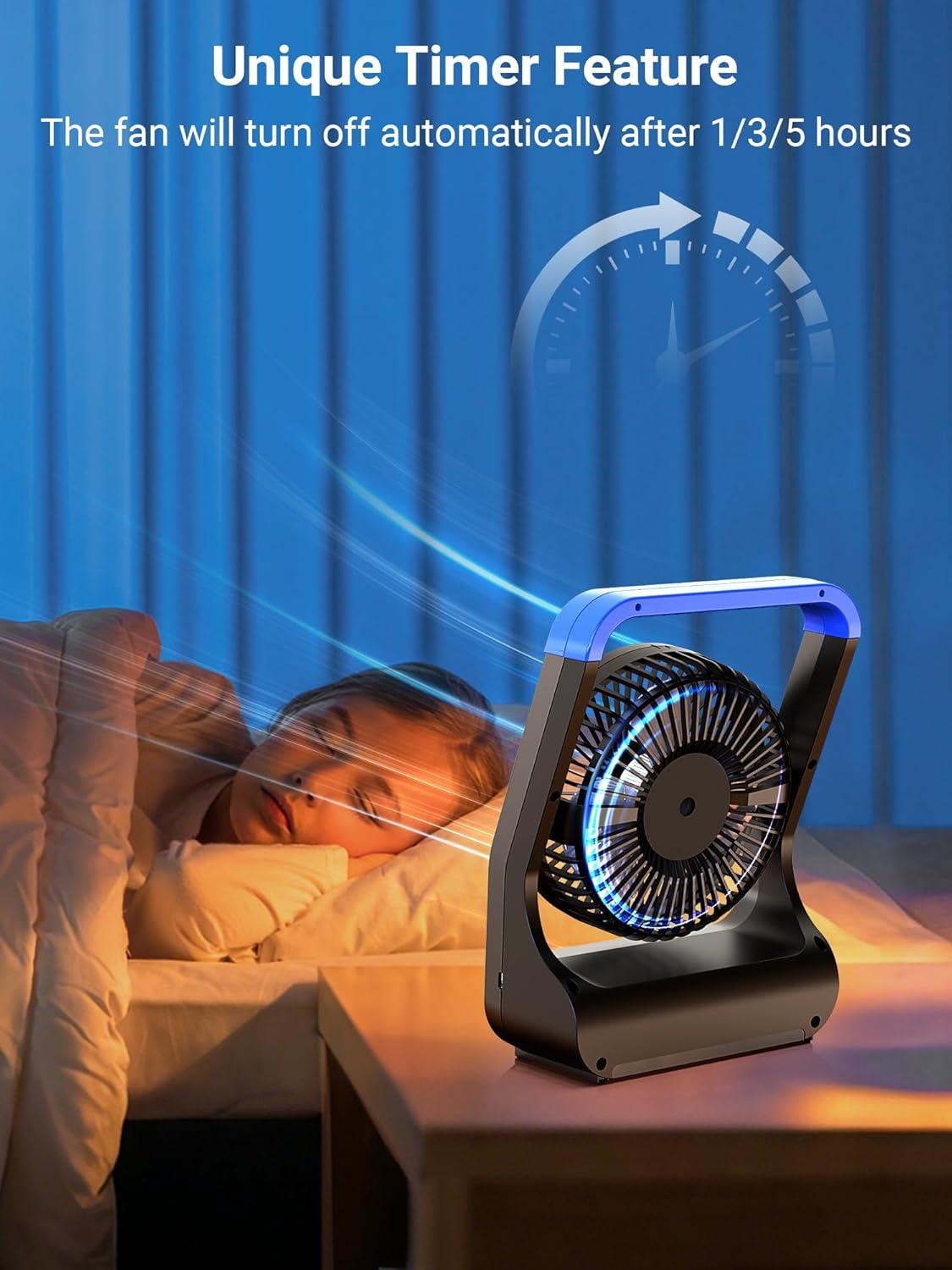 Gazeled Battery Operated Fan,Camping Fan, Super Long Lasting, Portable D-Cell Battery Powered Desk Fan with Timer,3 Speeds, Quiet, 180° Rotation,Cooling Fan for Bedroom,Home,Office,Outdoor, 5'',Blue