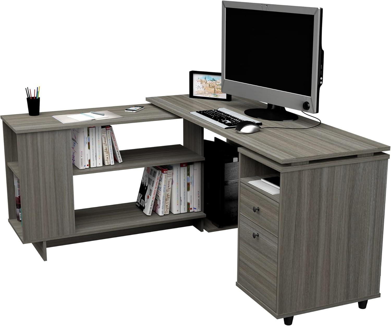 Inval L-Shaped Reversible Computer Desk, Smoke Oak