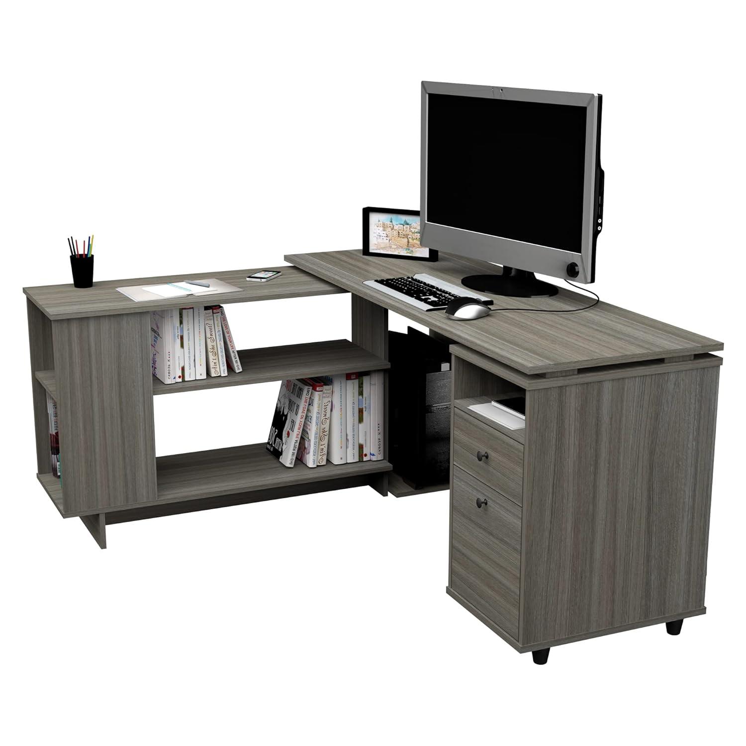 Inval L-Shaped Reversible Computer Desk, Smoke Oak