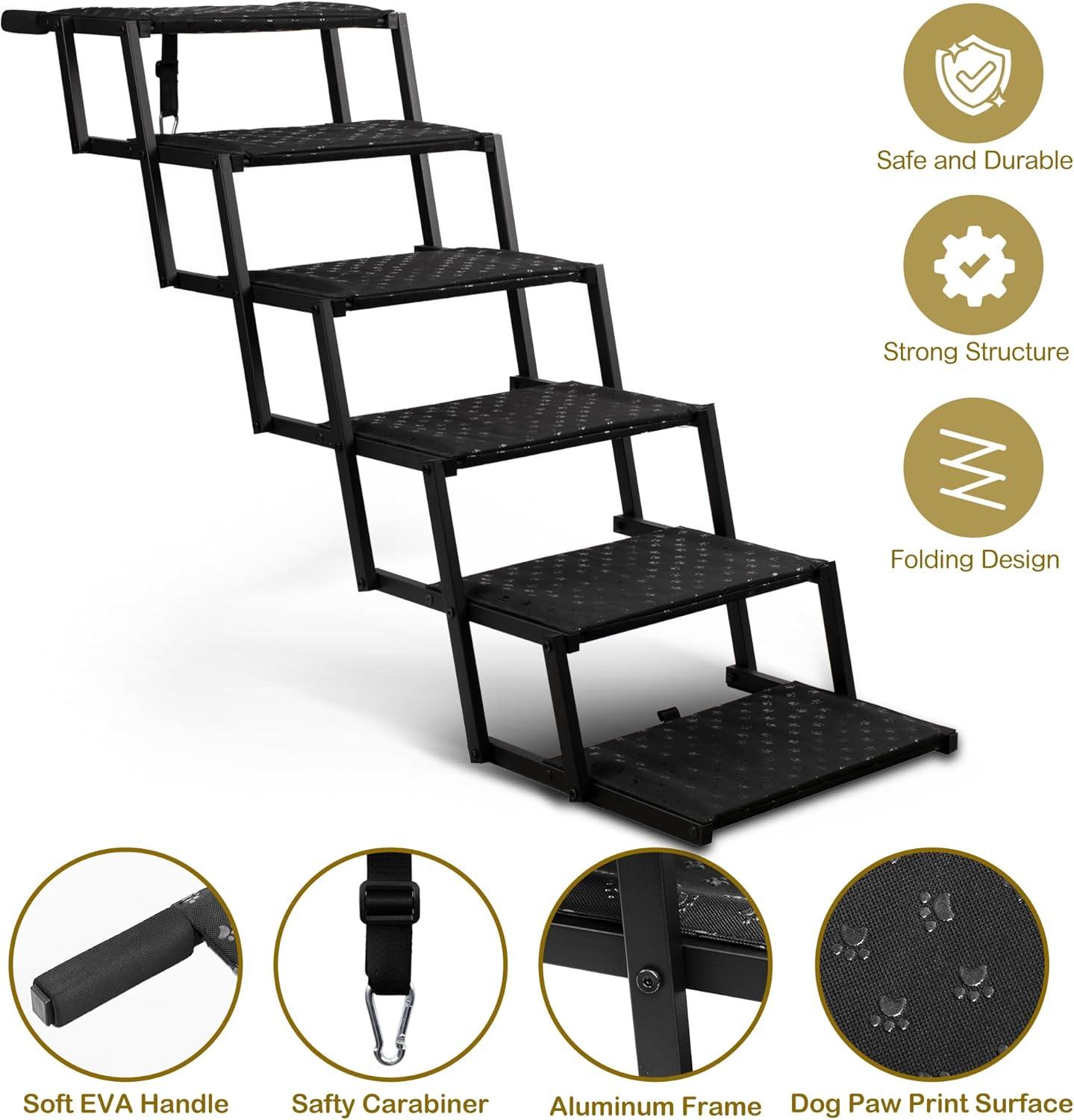 Dog Stairs for Car - Foldable Dog Ramps for Large Dogs with Non Slip Surface, Portable Dog Steps for Cars and SUV, Truck, Support Up to 200 Lbs, 6 Steps