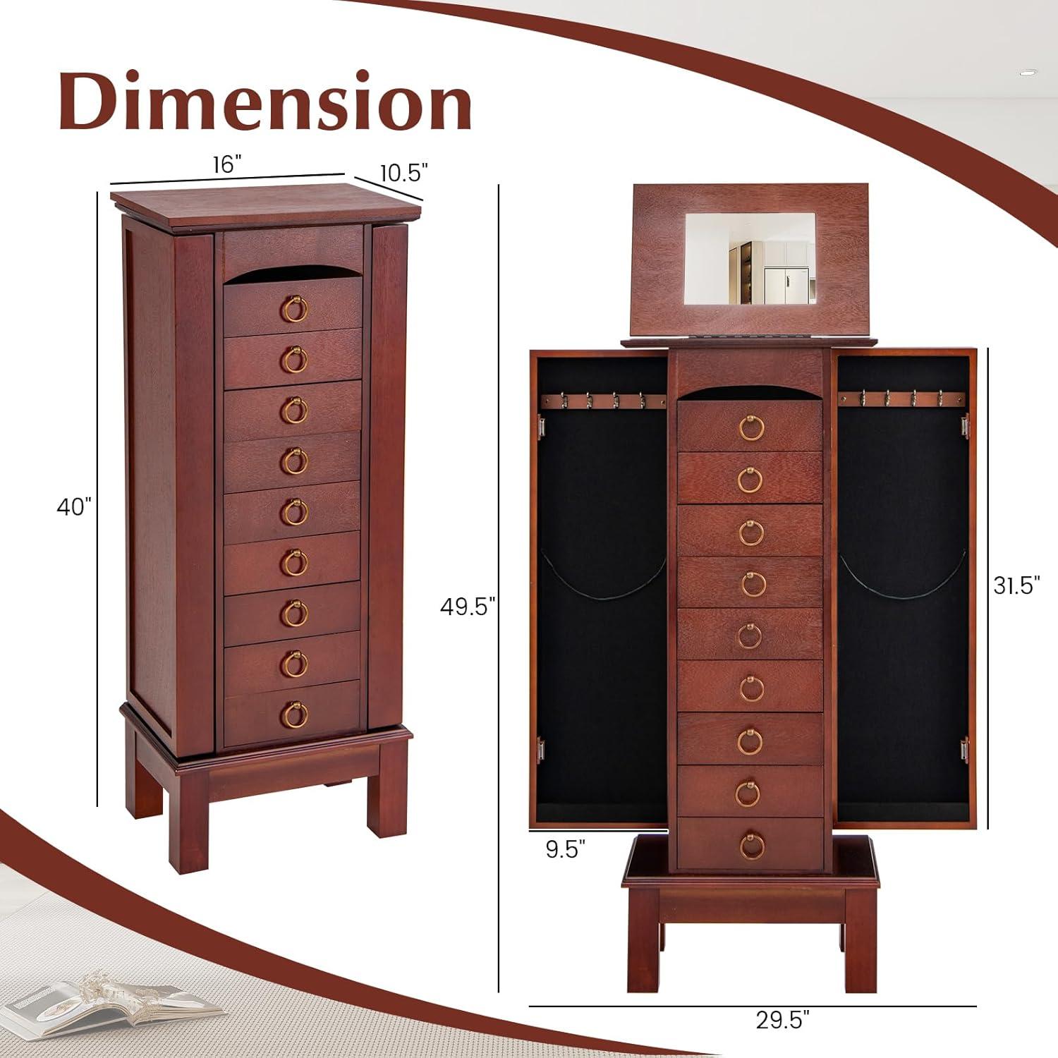 NAFORT Jewelry Armoire with Top Flip Vanity Mirror, Jewelry Cabinet with 9 Drawers and 2 Side Doors for Necklace, Large Storage Capacity Jewelry Organizer and Storage, Walnut
