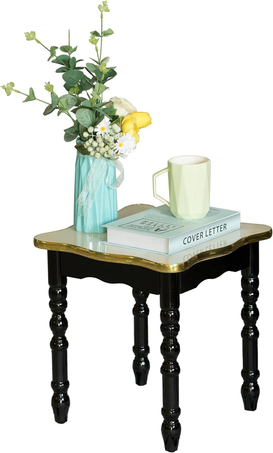 Espresso Square Wooden and Marble Accent Table with Gold Trim