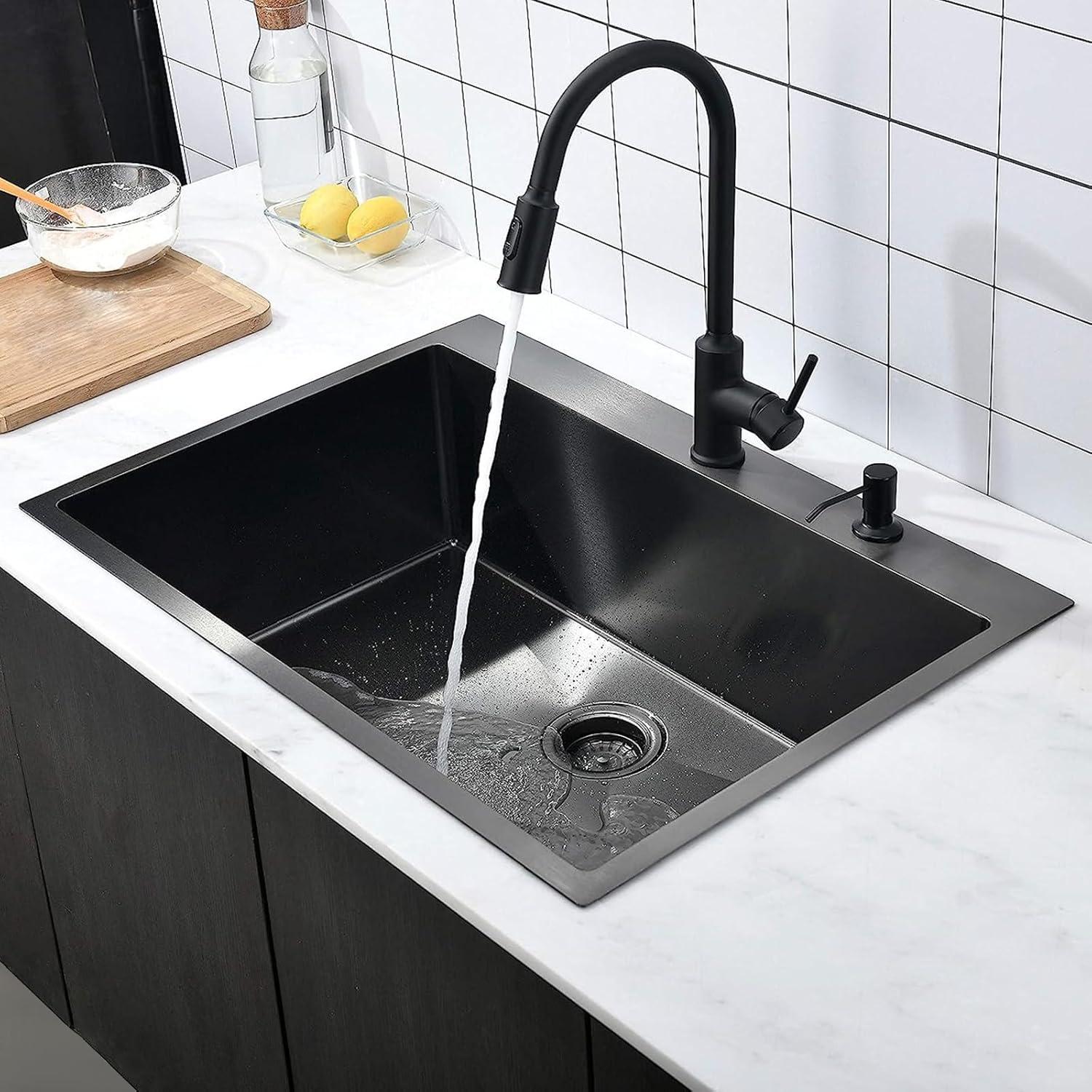 Sinber 33" x 22" Drop-In Single Bowl Kitchen Sink with 18 Gauge 304 Stainless Steel Polished Black Finish