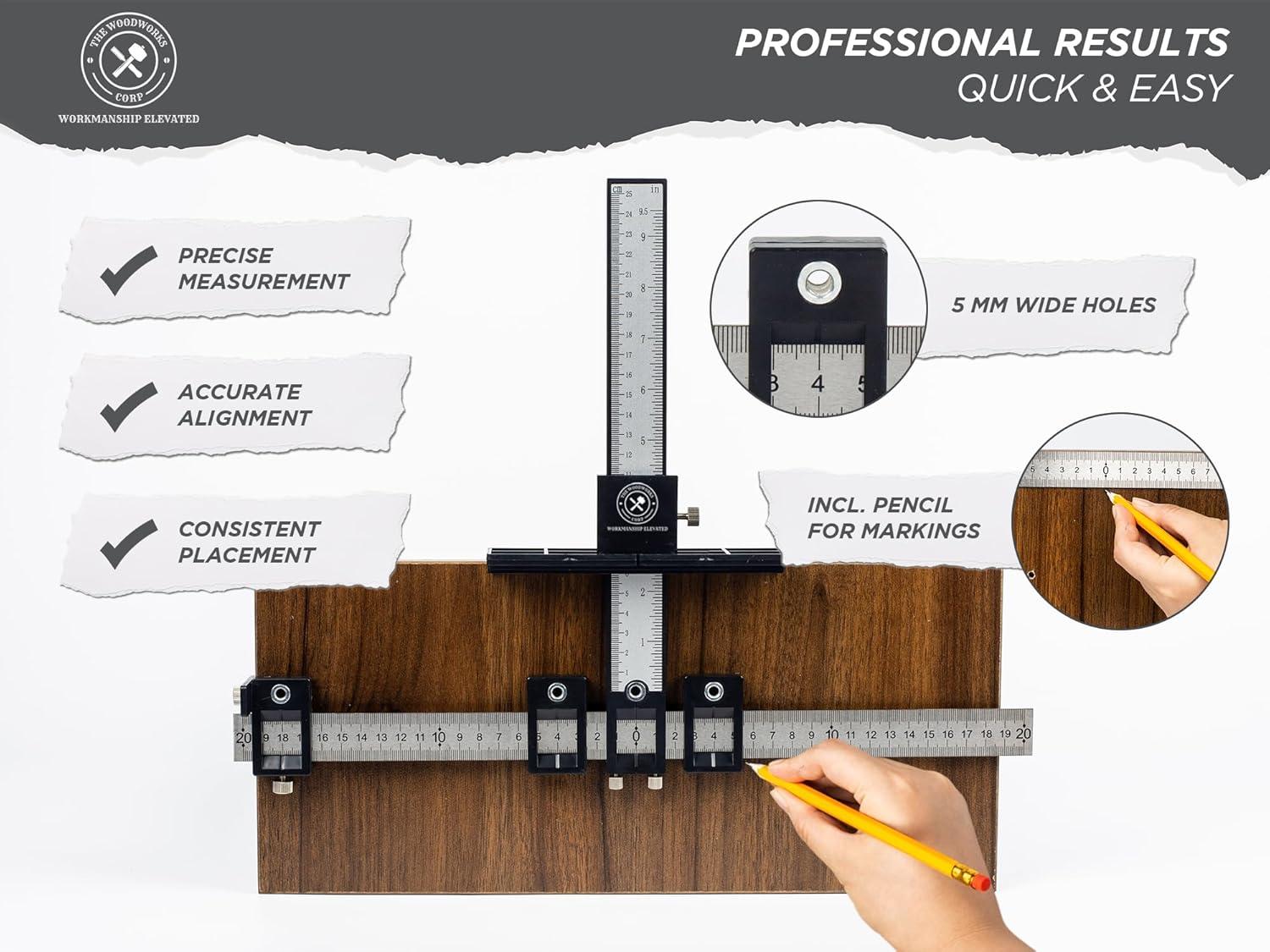 The Woodworks Corp Cabinet Hardware Jig Tool - Precise Drilling Cabinet Handle Jig - Adjustable Cabinet Jig - Perfect for Kitchen Handles - Jig for Handles and Pulls C57