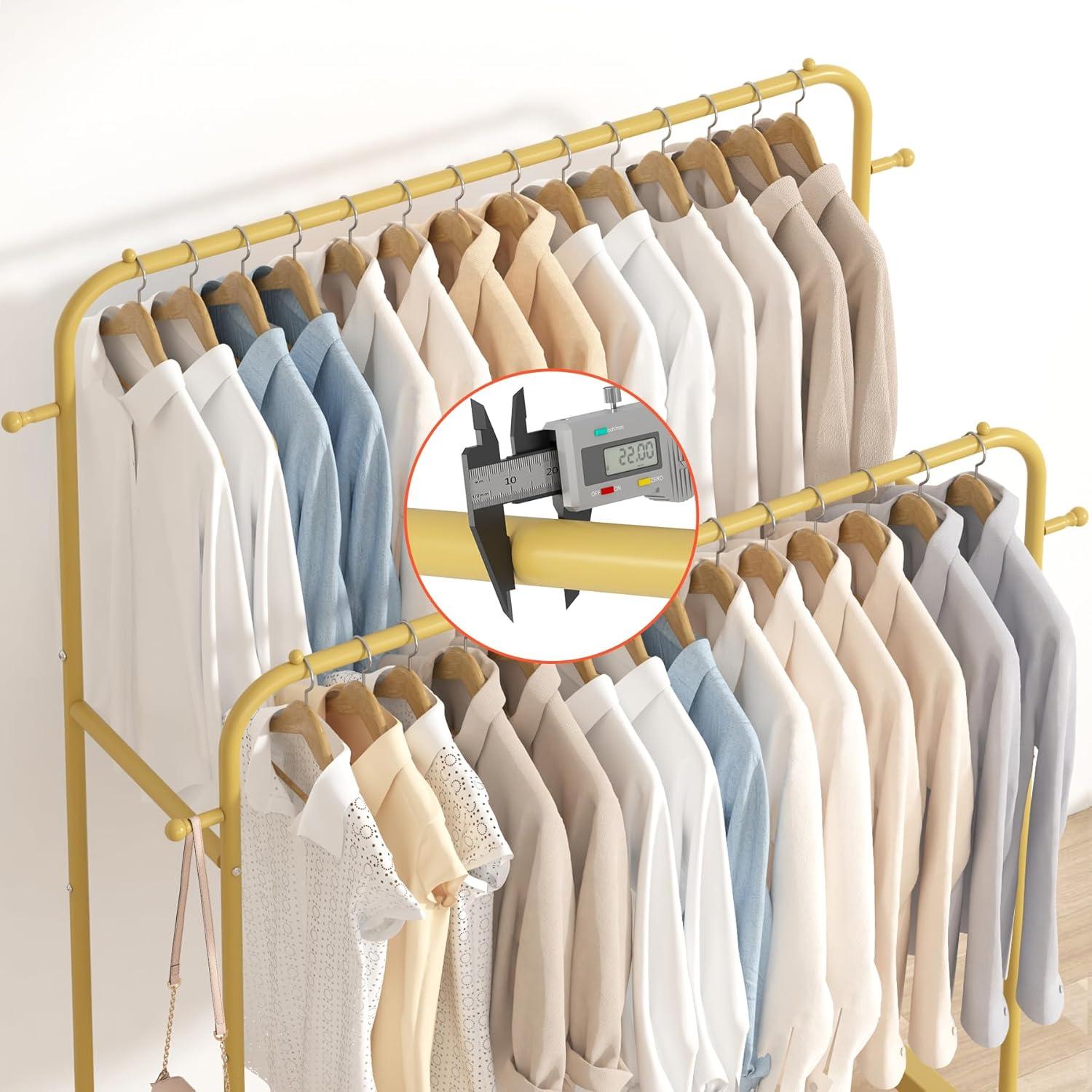 Laiensia Double Rods Garment Rack with Wheels, Clothing Rack for Hanging Clothes,4 Hooks, Multi-Functional Bedroom Clothes Rack, Gold