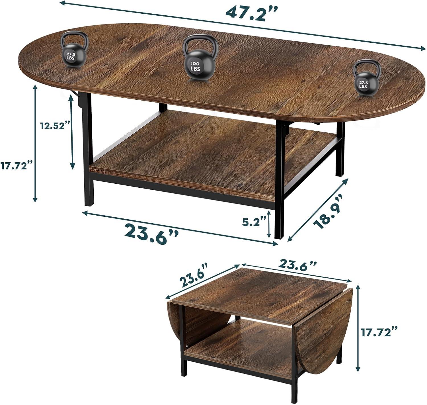 Coffee Table Mid Century Modern Extended Coffee Tables 2-Tier Storage Vintage Table for Living Room Farmhouse Center Table with Two Foldable Panel for Any Large or Small Space, Rustic Brown