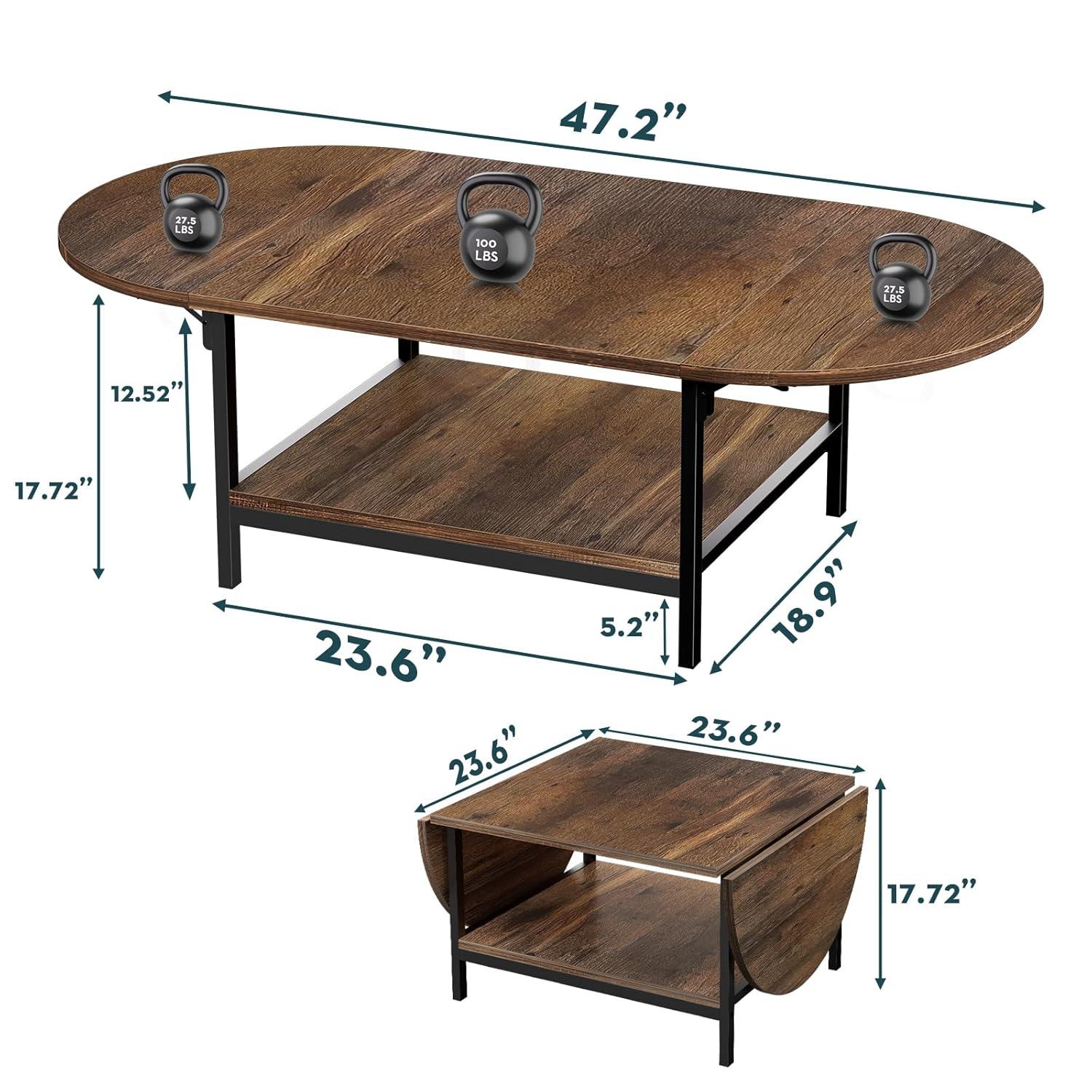 Coffee Table Mid Century Modern Extended Coffee Tables 2-Tier Storage Vintage Table For Living Room Farmhouse Center Table With Two Foldable Panel For Any Large Or Small Space