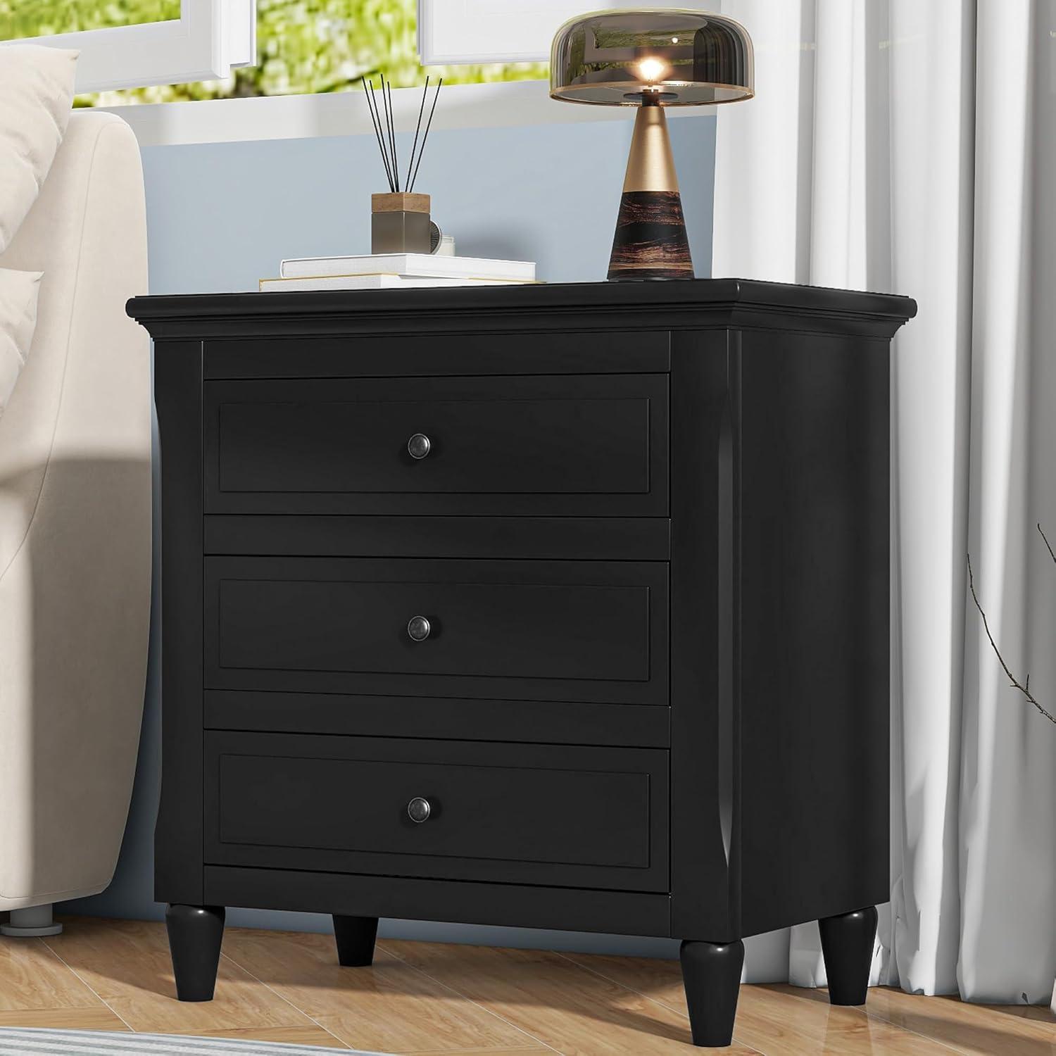 Black 28'' Modern 3-Drawer Wood Nightstand