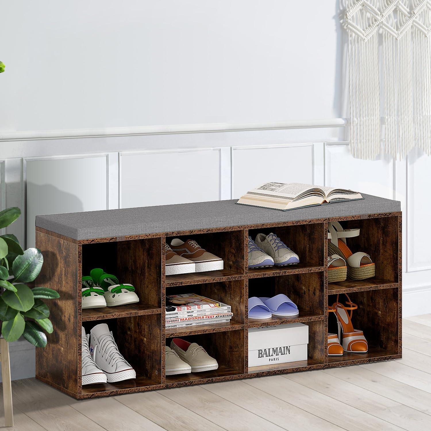 Shoe Bench Storage Bench 10 Compartments Shoe Organizer with 3-Tier Shoe Rack Bench Adjustable Shelves Shoe Shelf for Living Room Entryway Hallway Bedroom