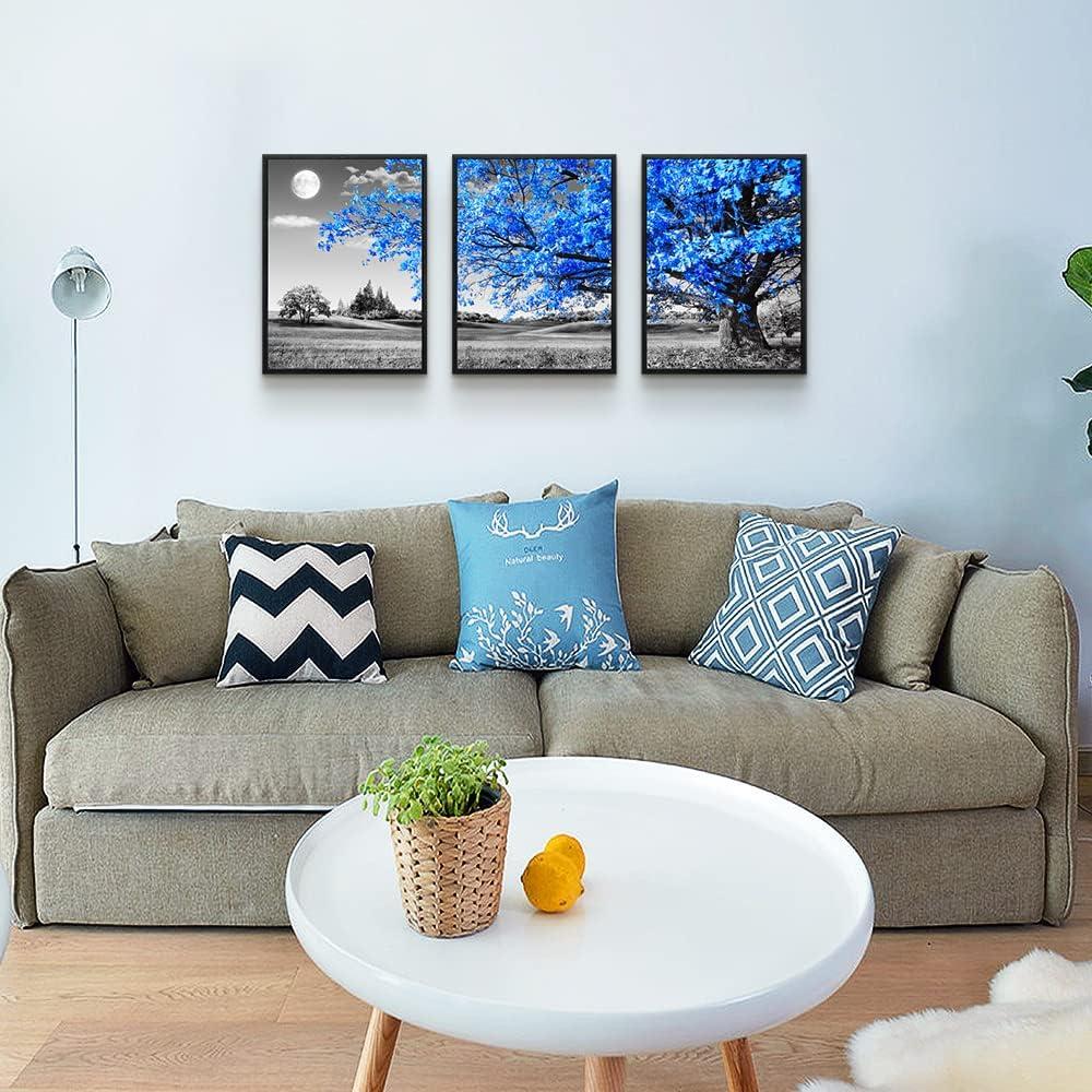 Wall Art For Living Room black and white Blue tree moon Canvas Wall Decor for Home artwork Painting 12" x 16" 3 Pieces Canvas Print For bedroom Decor Modern Salon kitchen office Hang a picture