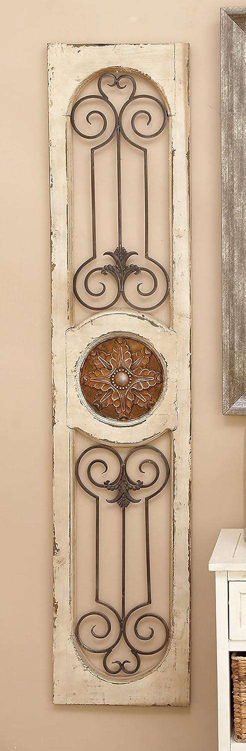 DecMode White Wood Distressed Door Inspired Ornamental Scroll Wall Decor with Metal Wire Details