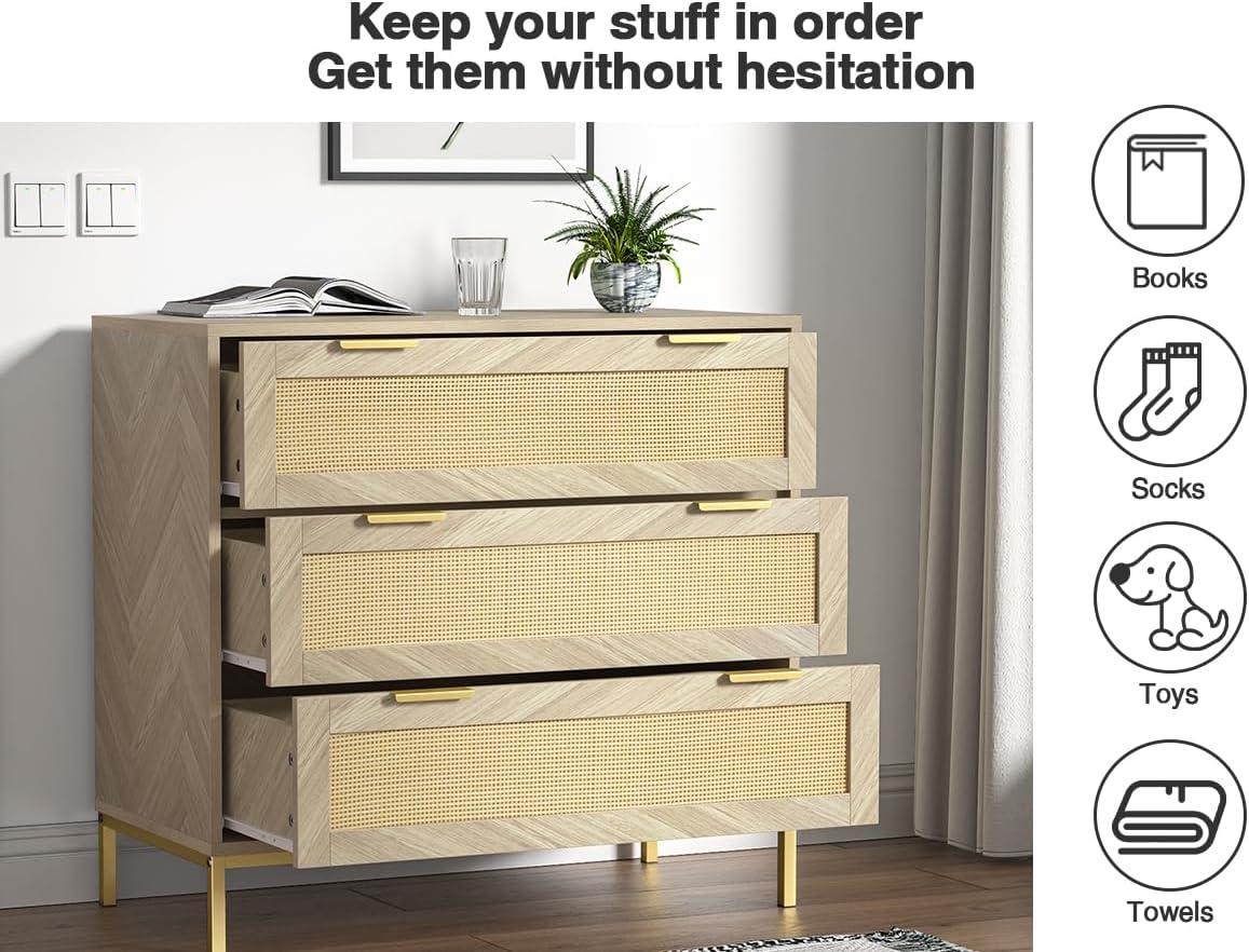 Anmytek 3 Drawer Cabinet for Bedroom, Oak Rattan Cabinet Closet Cabinet Chest of Drawers, Wood Cabinet 3 Drawer Storage Chest for Bedroom, Hallway, Nursery