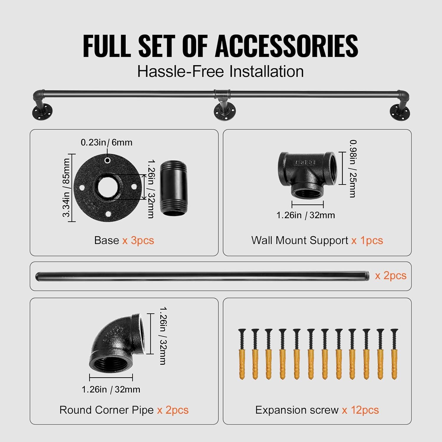 6 ft. Pipe Stair Handrail 440 lbs. Load Capacity Wall Mounted Handrail Round Corner Handrails for Outdoor Steps in Black