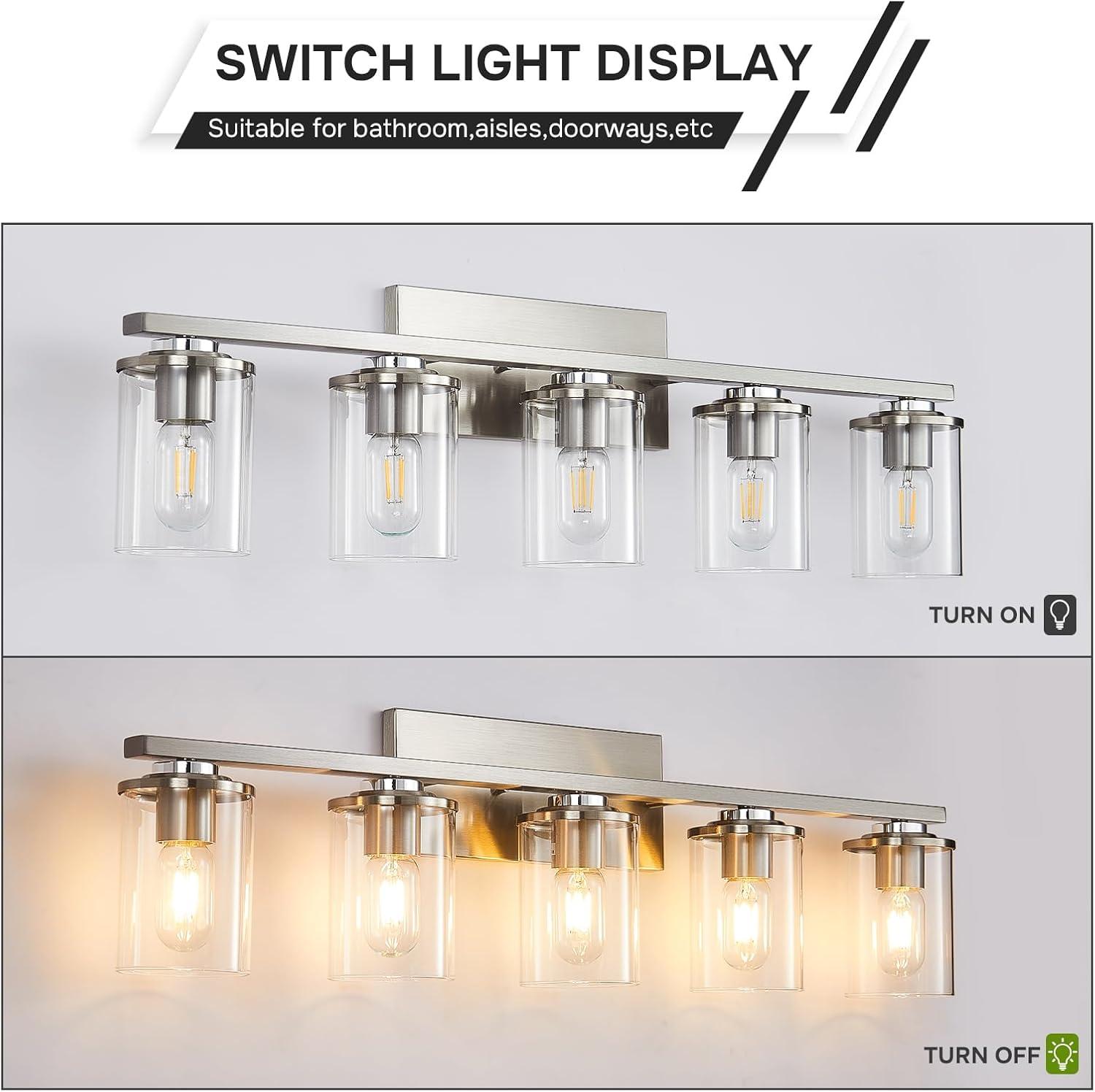3-Light Brushed Nickel Wall Sconces for Bathroom, Modern Vanity Light Fixtures Over Mirror, Wall Lamp with Clear Glass Shade, E26 Wall Sconces Over Mirror for Bathroom, Living Room, Hallway