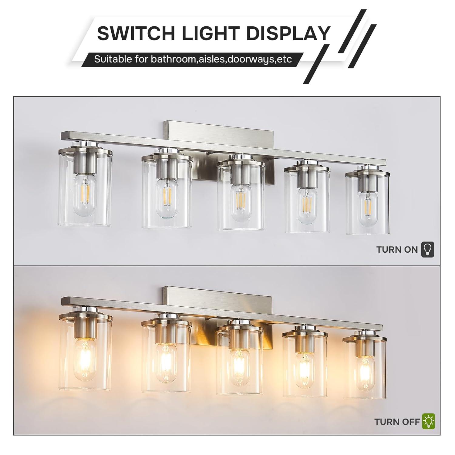 5 Light Bathroom Vanity Light Brushed Nickel Bathroom Light Fixtures with Clear Glass Shade Modern Bathroom Lights Over Mirror Brushed Nickel Wall Sconce for Bathroom Bedroom Living Room