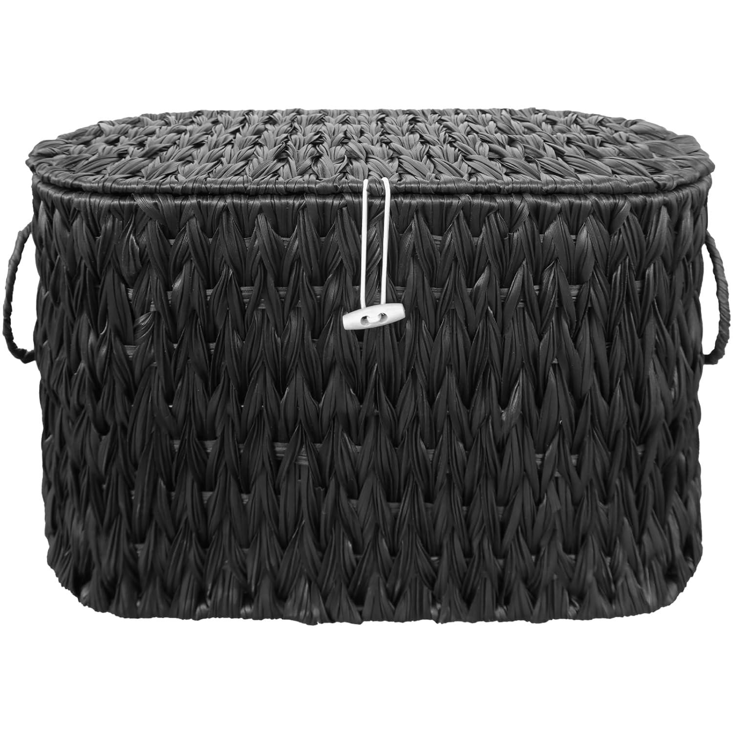 Black Toilet Paper Basket with Lid,Wicker Toilet Paper Storage Stand,Large Narrow Bathroom Towel Basket Mega Roll Container Bin for Toilet Tank,Floor