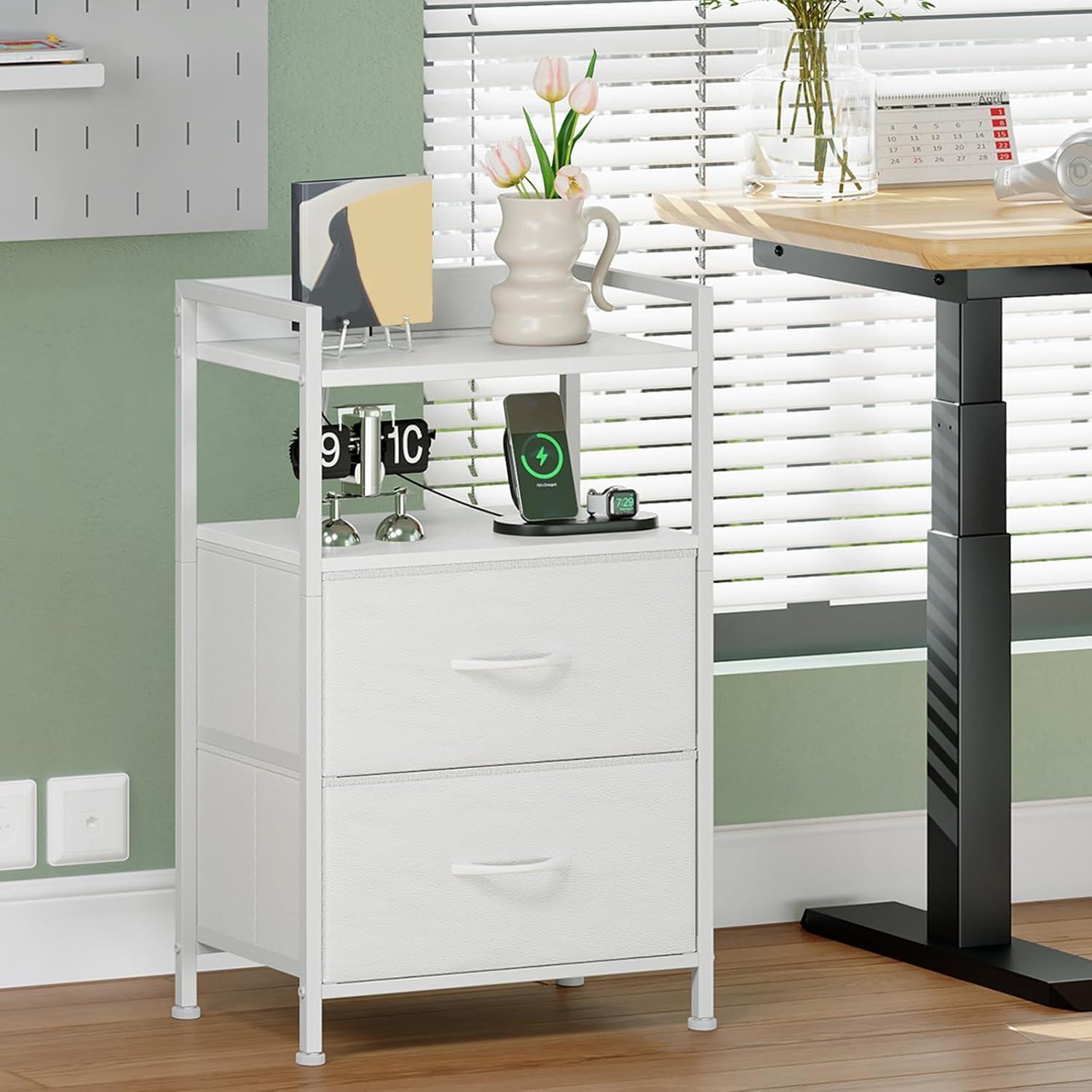 Eunos White Tall Nightstand with Charging Station, 5 Fabric Drawer Dresser for Bedroom with LED and Handle
