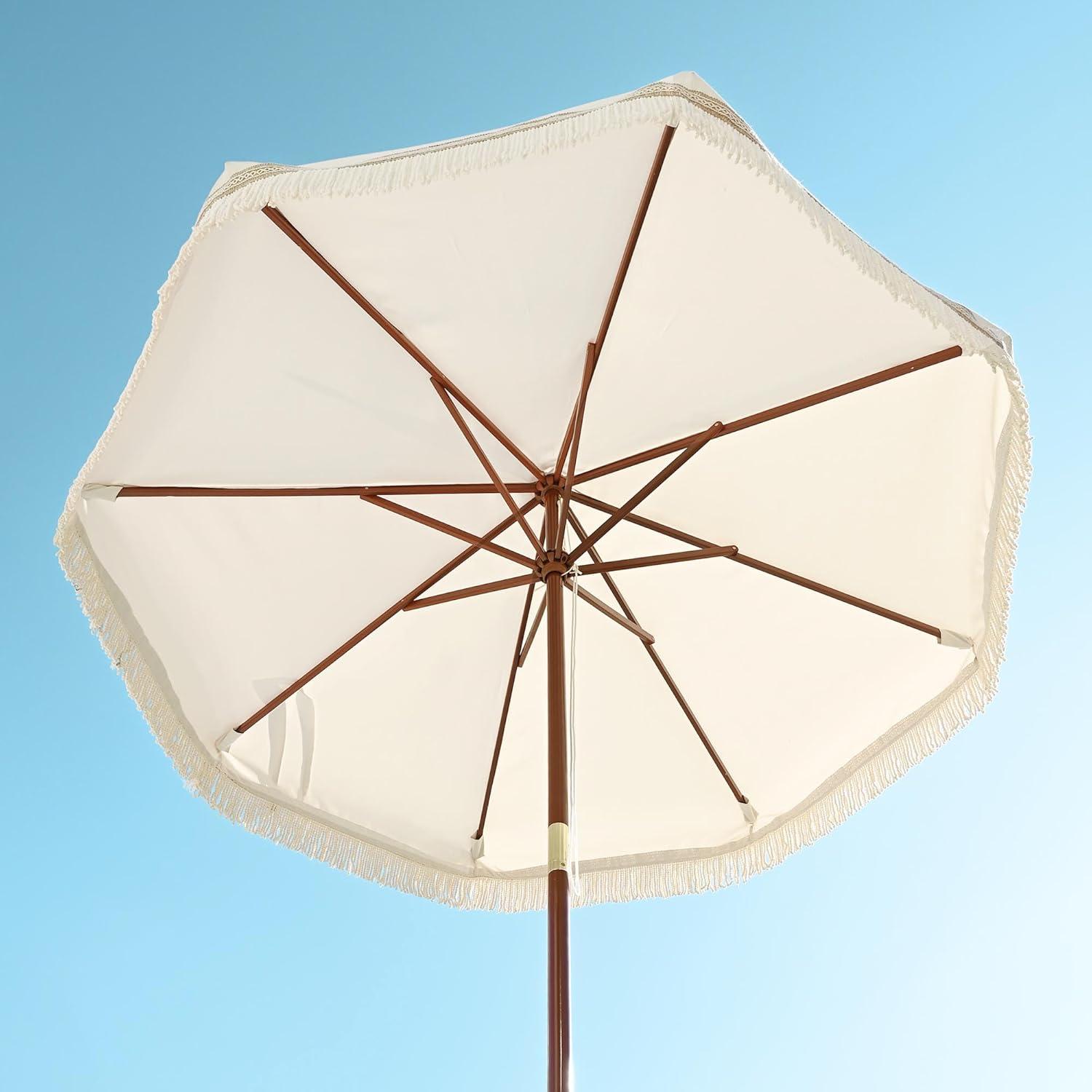 LAGarden 7' Patio Beige Umbrella with Tassels UPF50+ Boho Style 5-Year-Non-Fading for Outdoor,Model:BH7W-01P