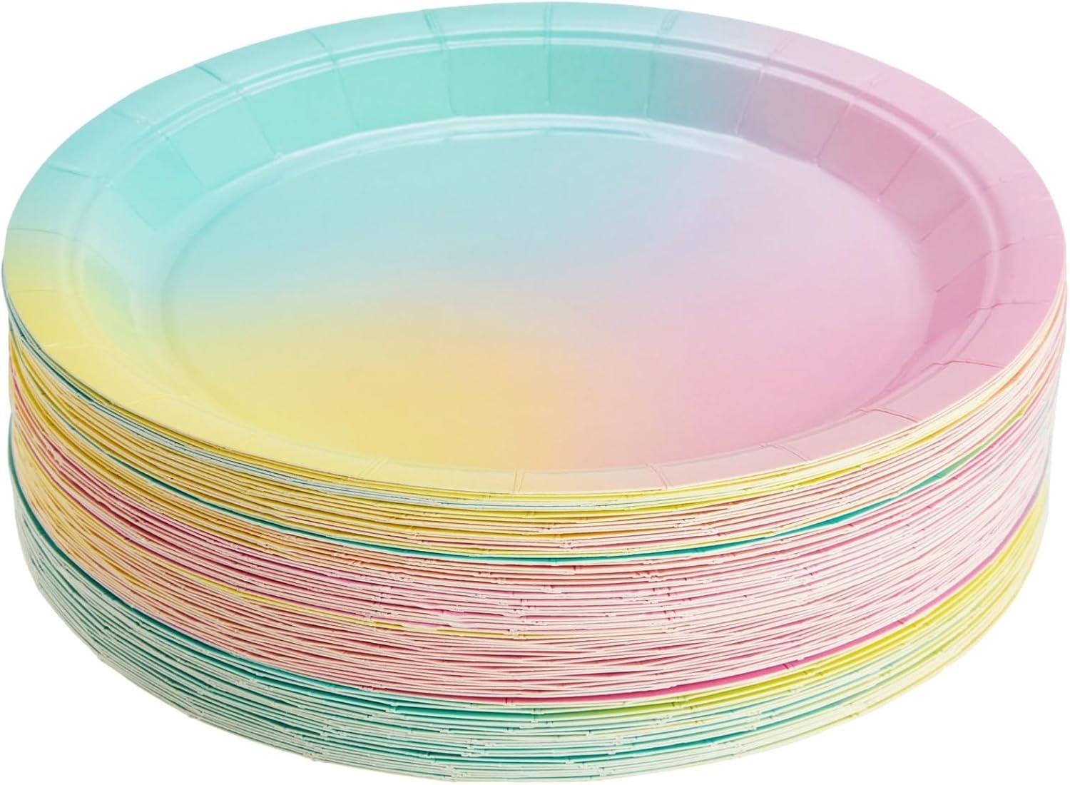 Blue Panda 80-Pack Pastel Rainbow Disposable Paper Plates 9" Birthday Party Supplies