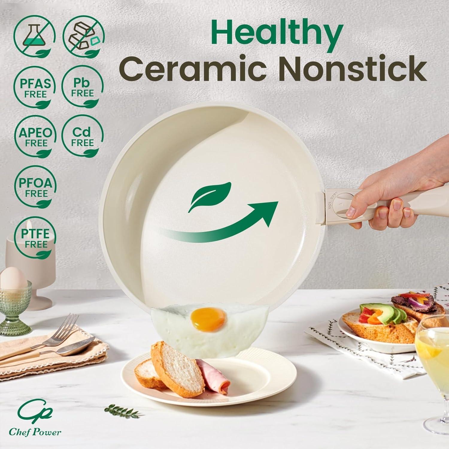 Chef Power Chef Power 19pcs Cream Cake Ceramic Nonstick Pots and Pans Set, Cookware Sets Detachable Handle