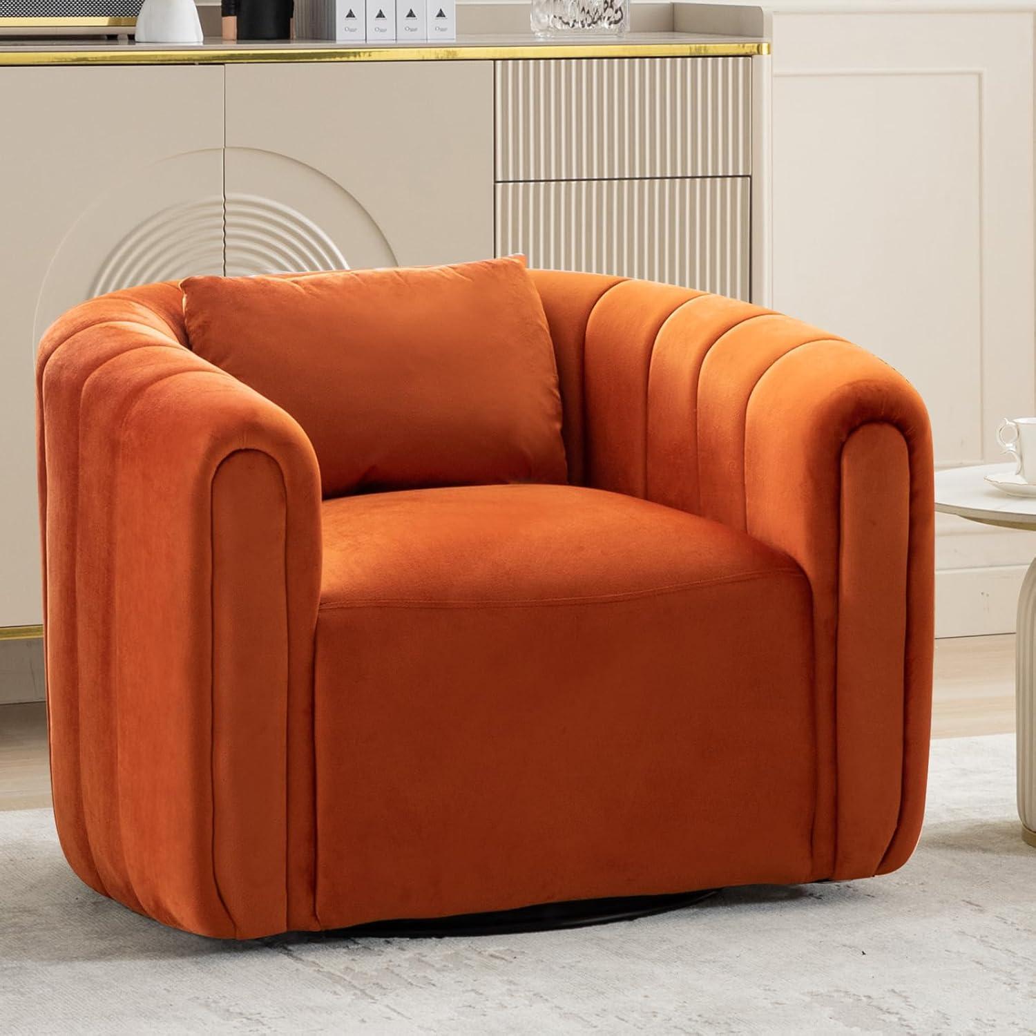 EBELLO  Oversize Velvet Swivel 360° Rotation Barrel Comfy Round Armchair With Plump Pillow Suitable For Living Room Bedroom Orange