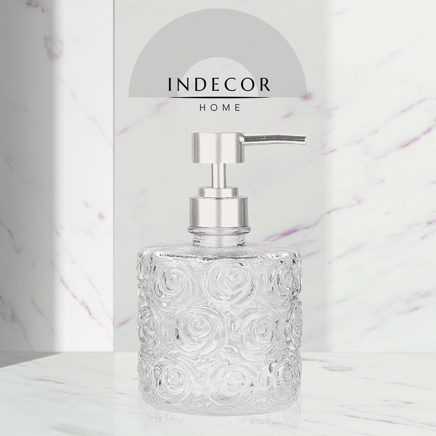 Marcella Glass Soap Dispenser with Soap Pump, Refillable 14 Ounce Capacity, Floral Design Rose Patterns, Heavy Weight Thick Glass for Bathroom, Premium Kitchen Soap Dispenser Peach Blush