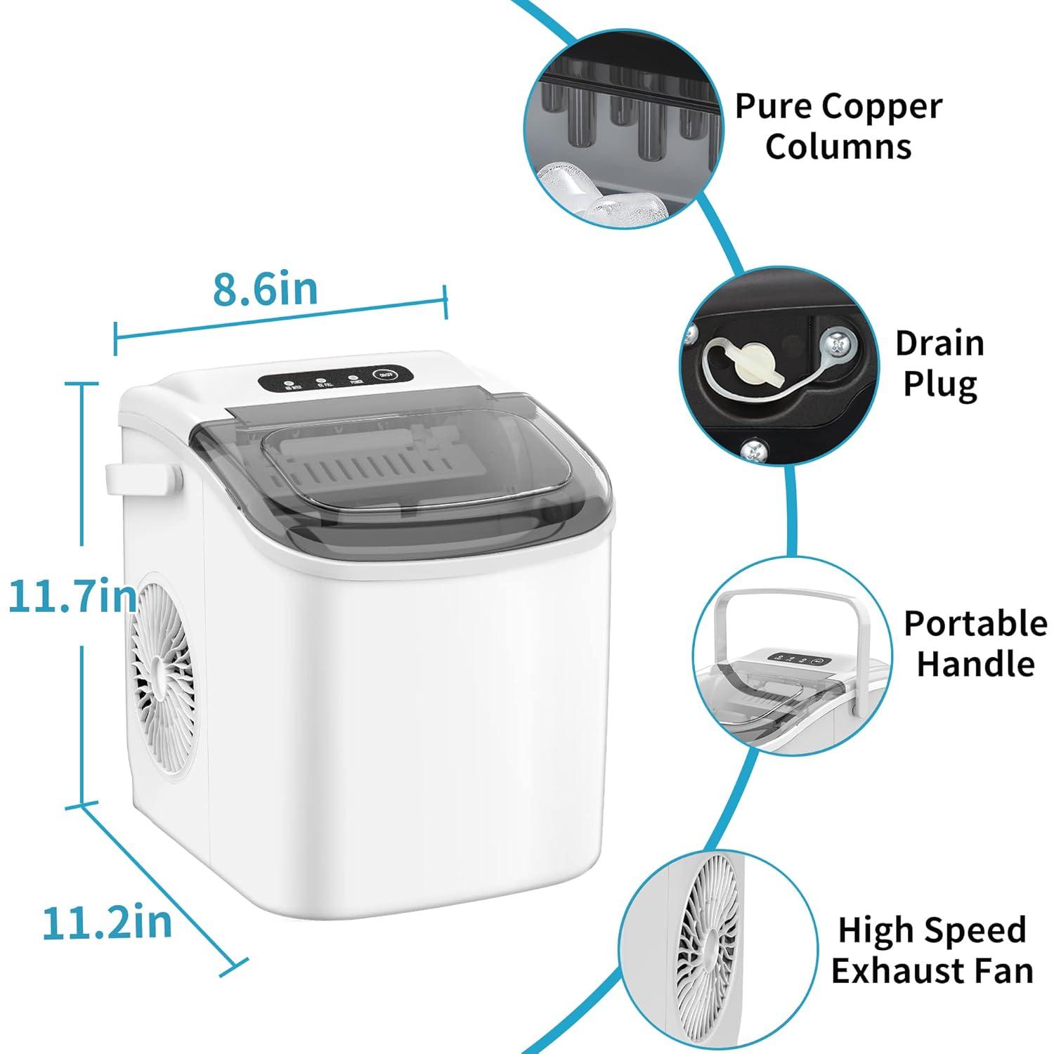 COWSAR Ice Maker Countertop, Portable Ice Machine with Self-Cleaning, 26.5lbs/24Hrs, 9 Bullet Ice Cubes in 6 Mins, Ice Basket and Scoop, Ideal for Home, Kitchen, Bar, Camping, White