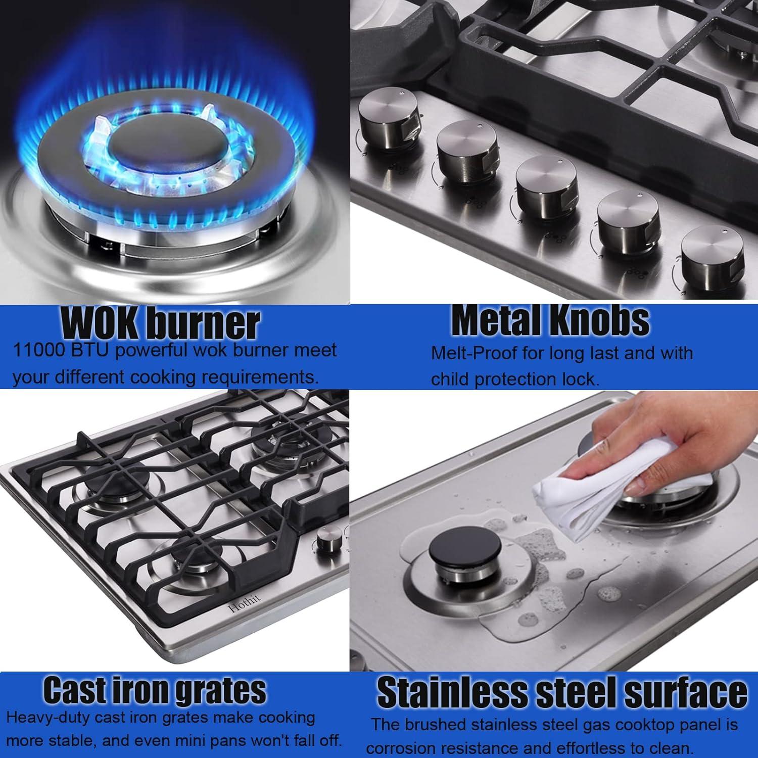 34 Inch Stainless Steel 5 Burner Gas Cooktop with Griddle