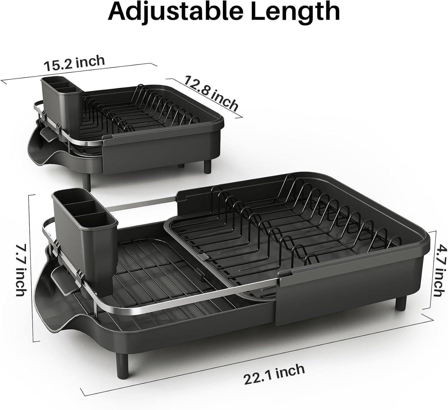 Fabhob Expandable Dish Rack for Kitchen Counter, Stainless Steel Dish Drainer with Drainboard Set and Utensil Holder