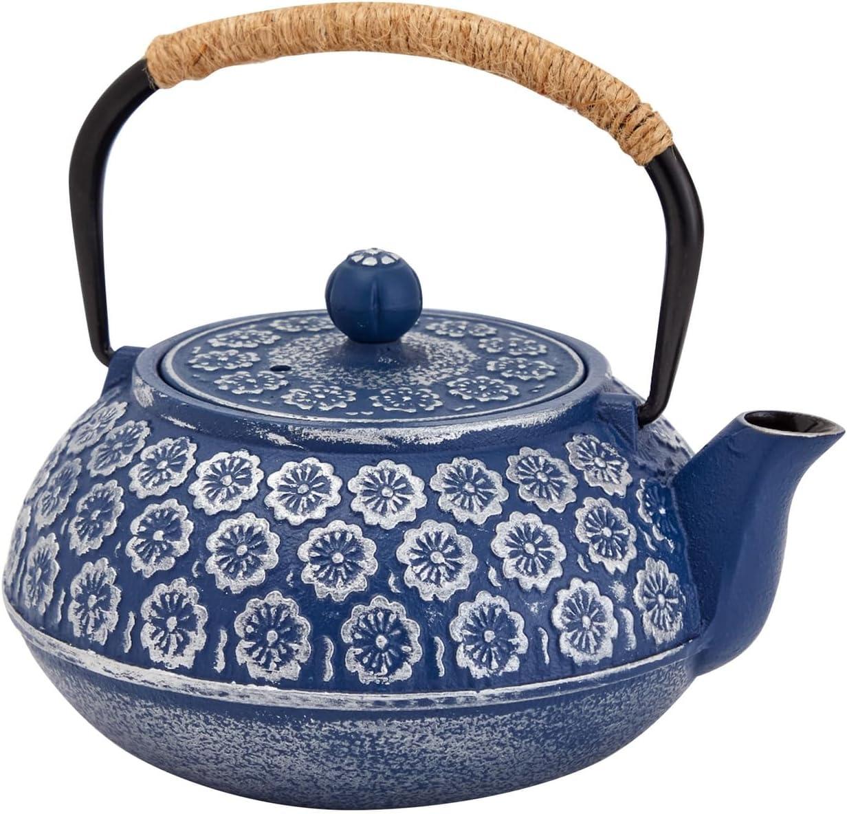 Juvale Set of 6 Blue Cast Iron Floral Teapot Kettle Set, Japanese Tea Pot with Infuser, Trivet & 4 Teacups, 32 oz